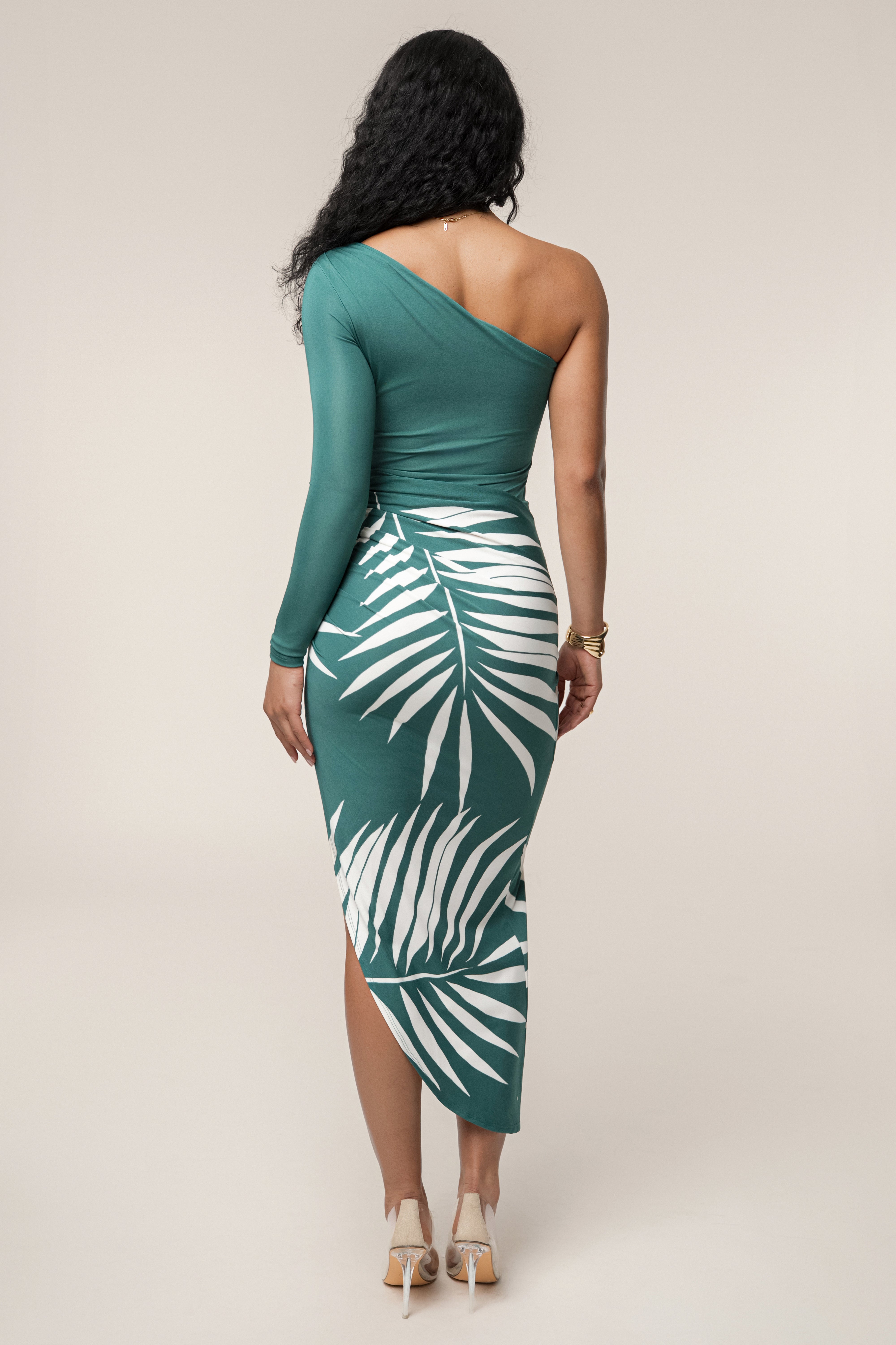 Green One Shoulder Palm Print Dress - JLUXLABEL