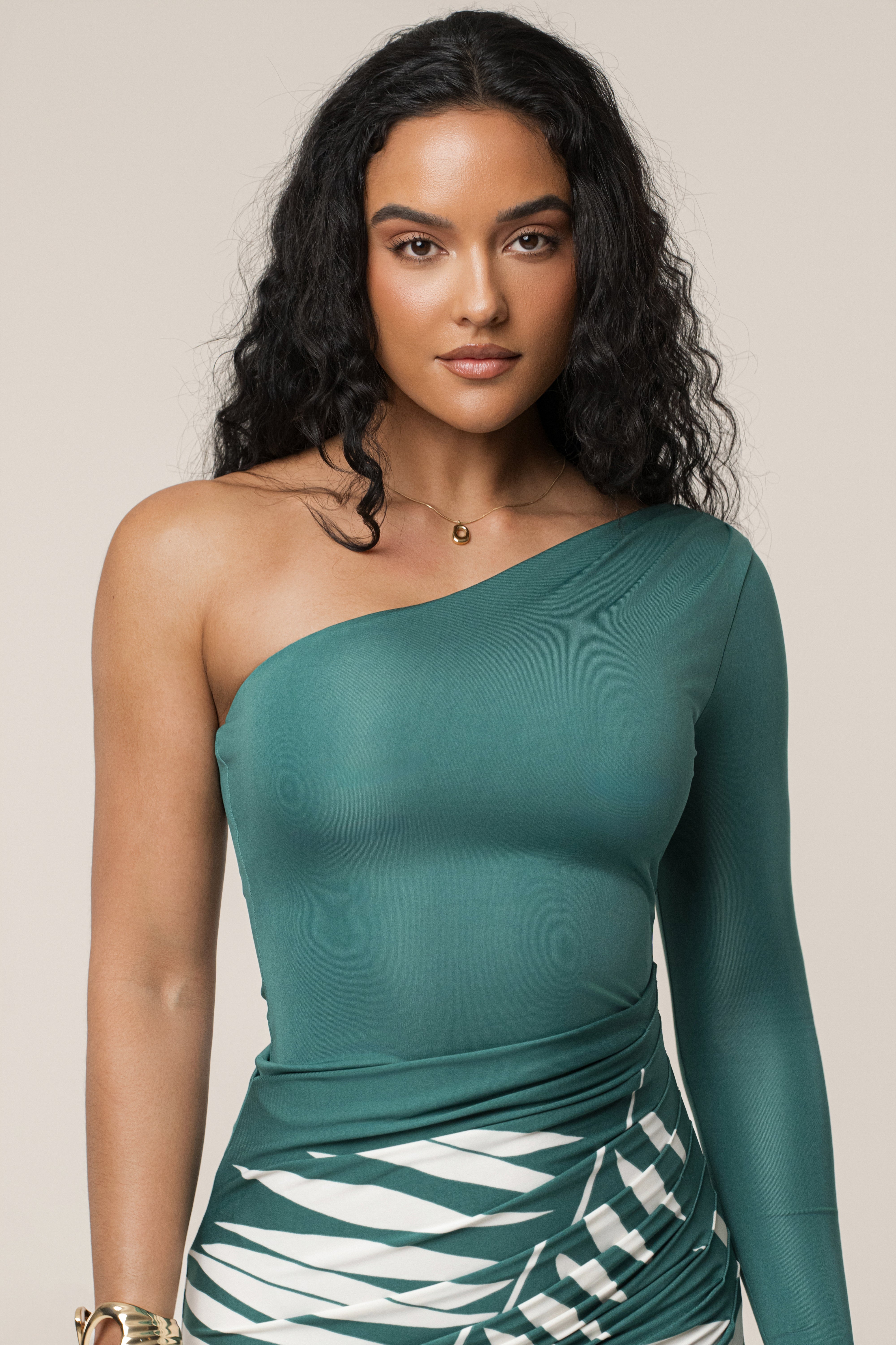 Green One Shoulder Palm Print Dress - JLUXLABEL