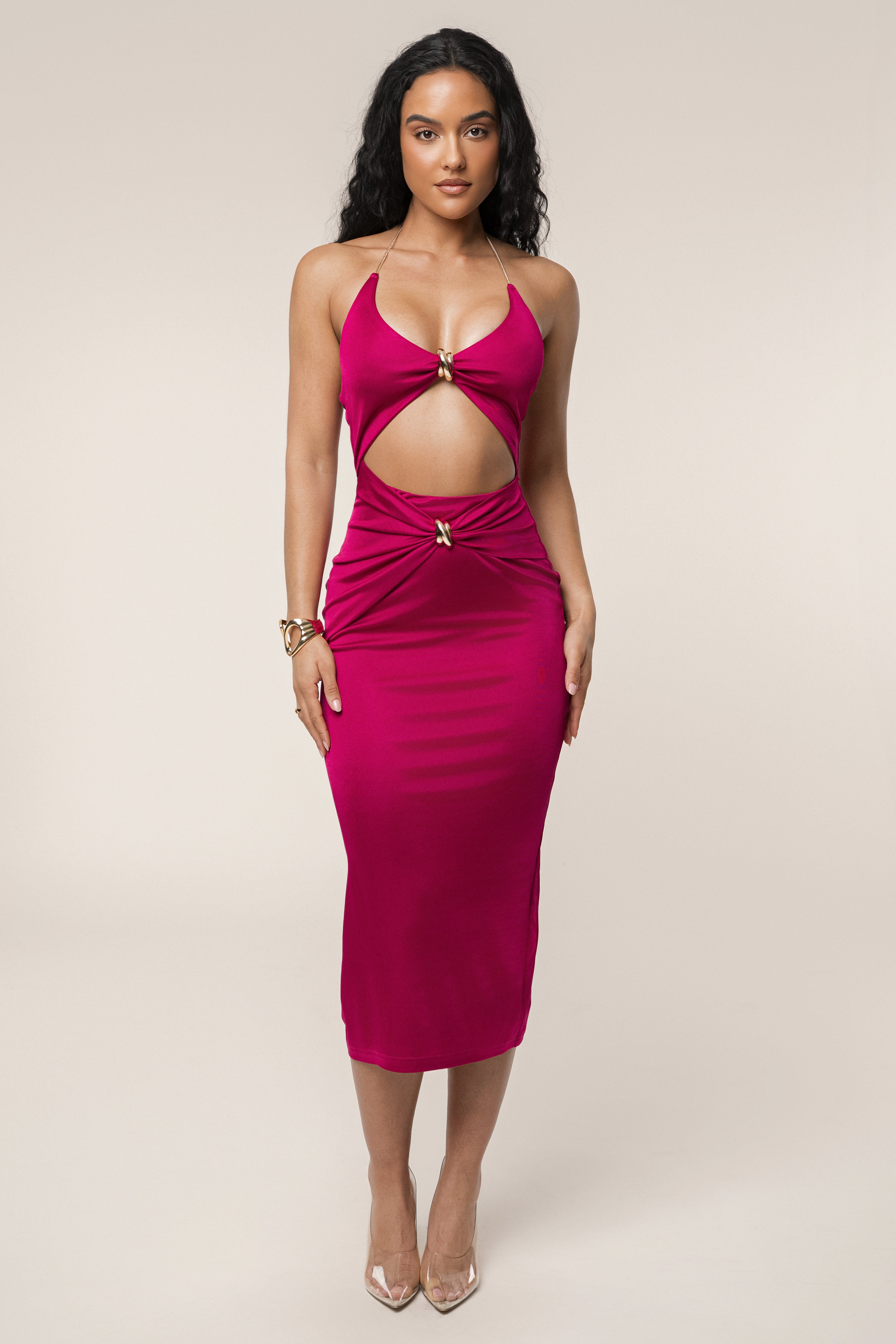 Berry Cutout Chain Midi Dress - JLUXLABEL