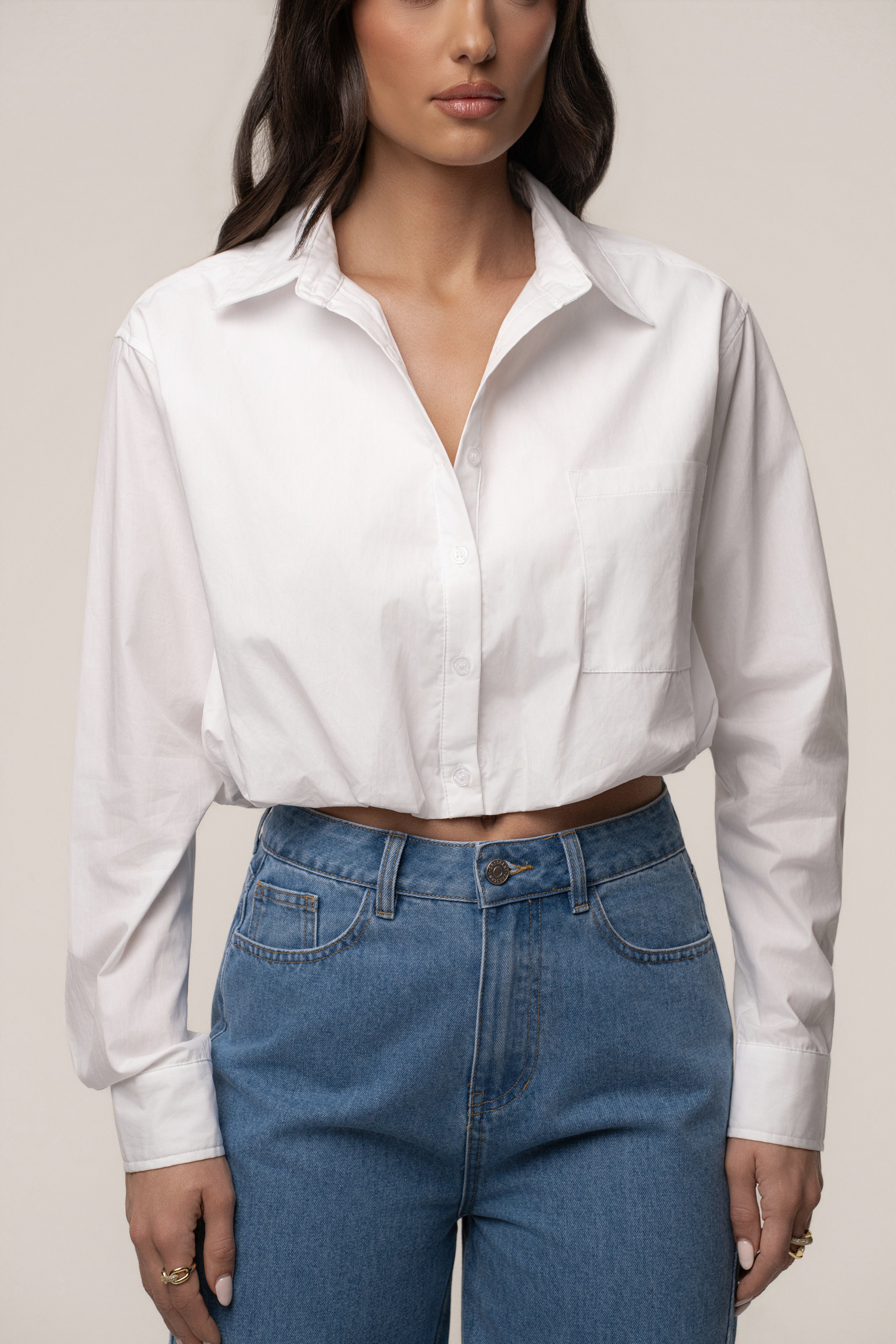 White Minimalist Button Down Crop - JLUXLABEL