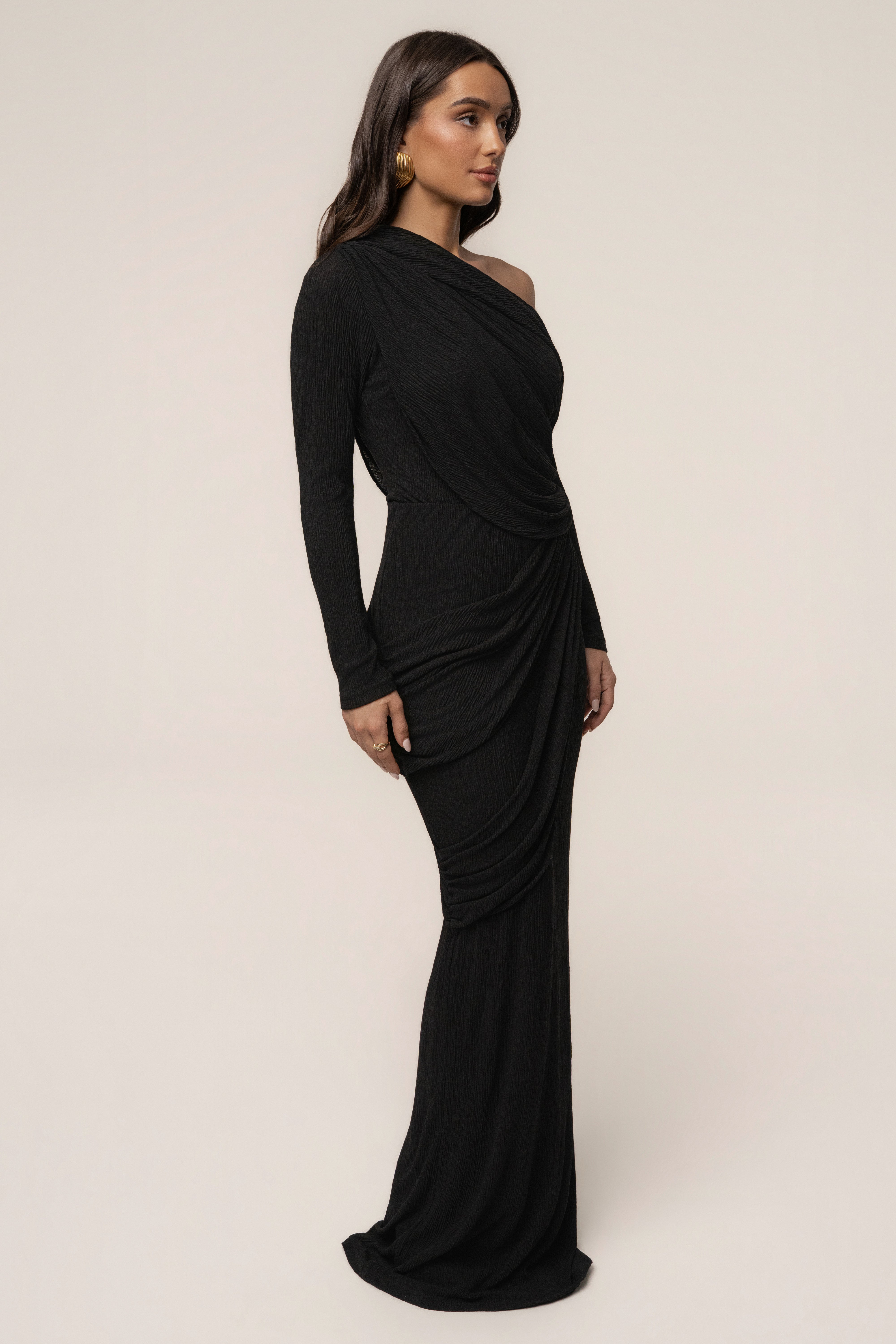 Black Textured One Shoulder Bodysuit - JLUXLABEL