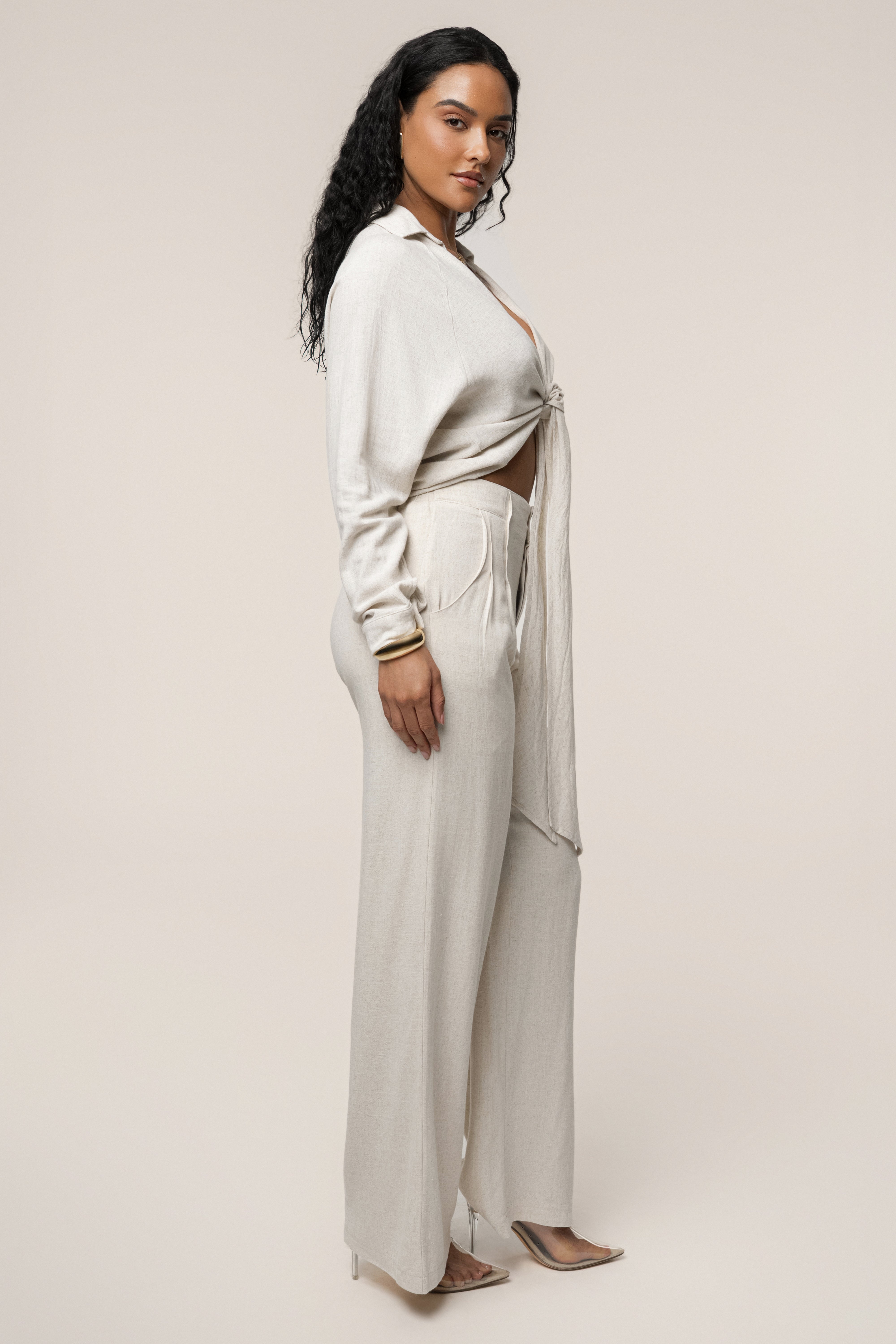 Beige Thea Linen Pants - JLUXLABEL