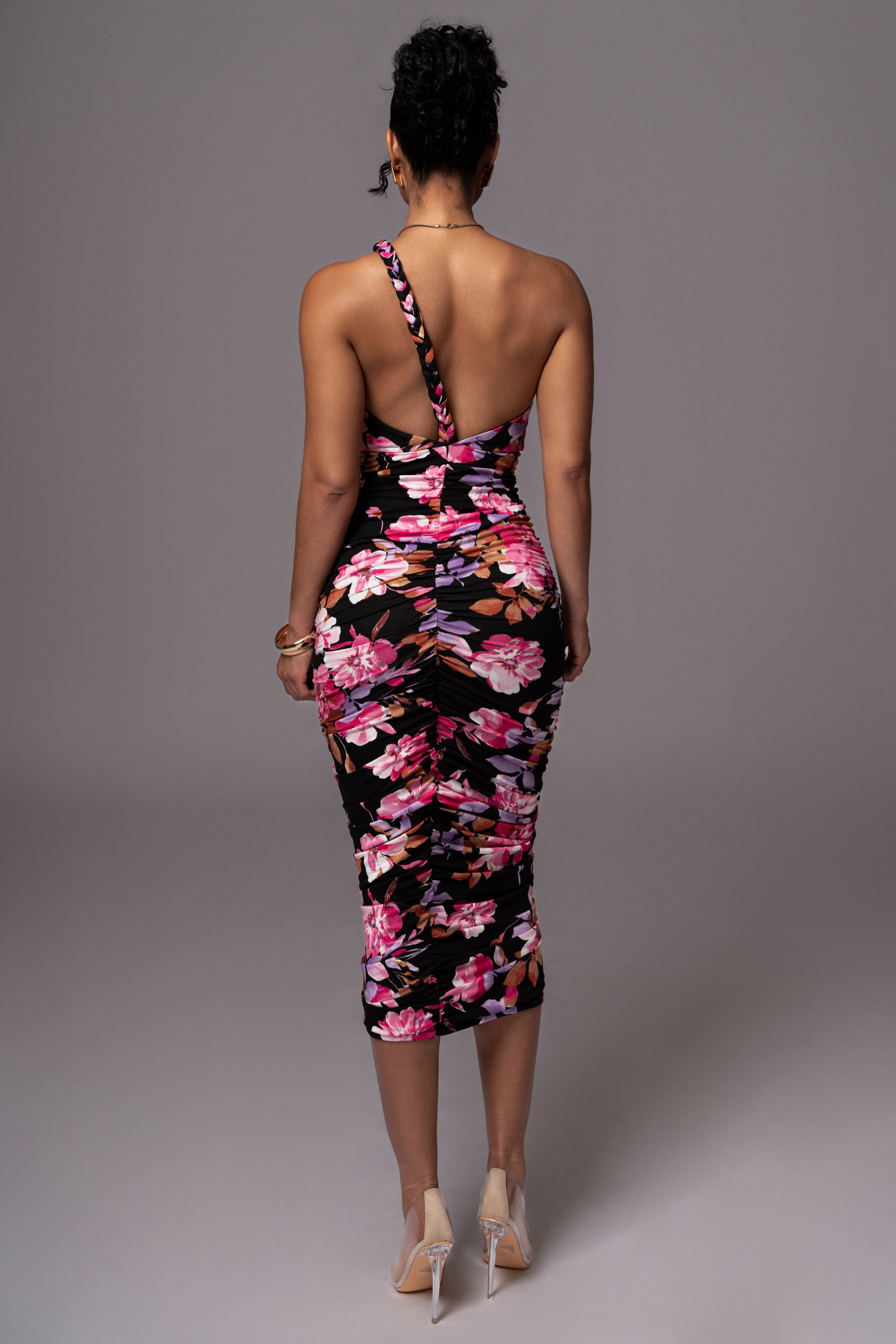 Black floral Jess ruched midi dress by JLUXLABEL featuring a fitted silhouette and elegant floral pattern.