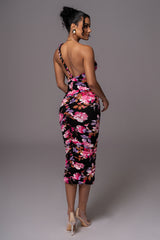 Black Floral Jess Ruched Midi Dress - JLUXLABEL