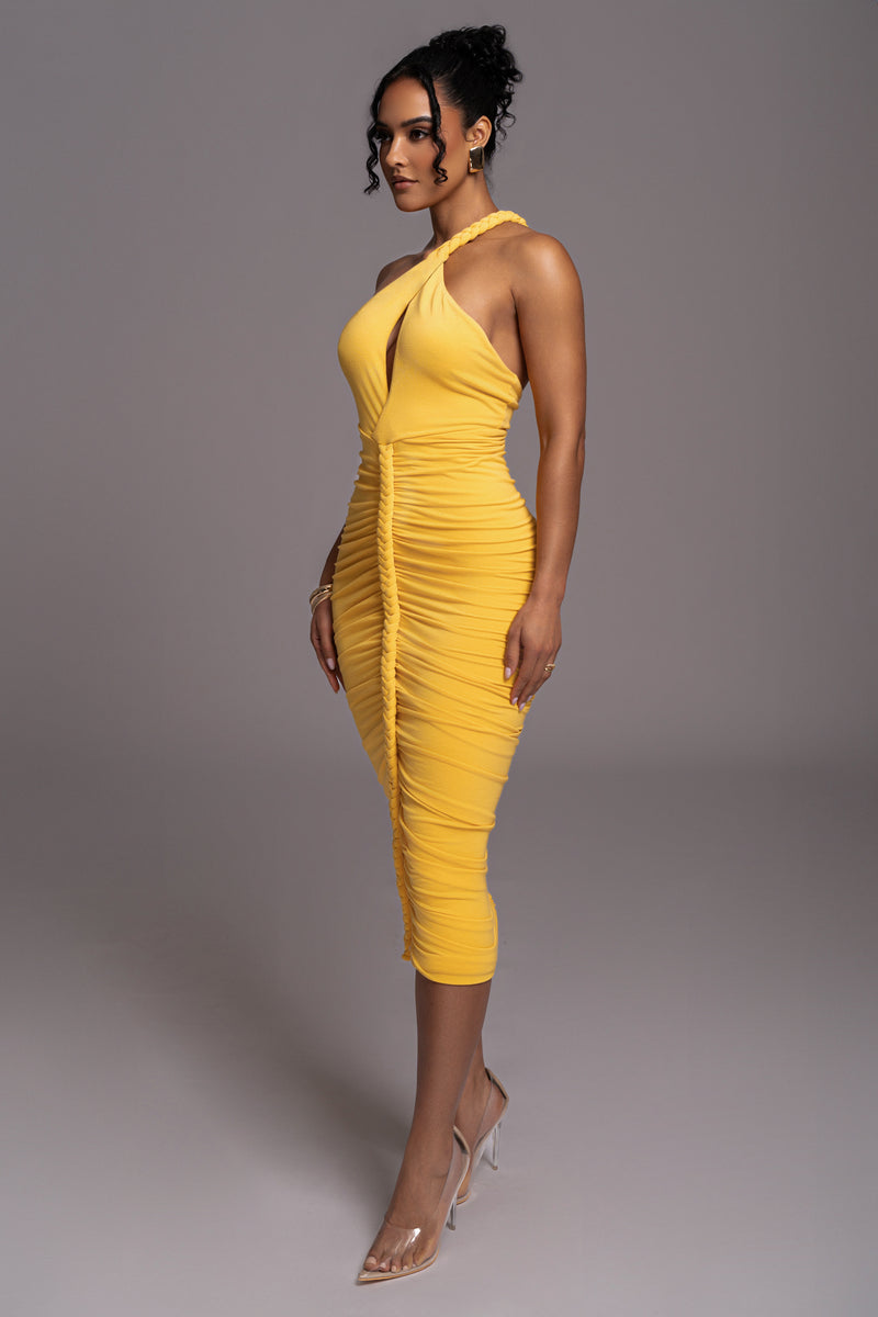 Yellow Jess Ruched Midi Dress - JLUXLABEL
