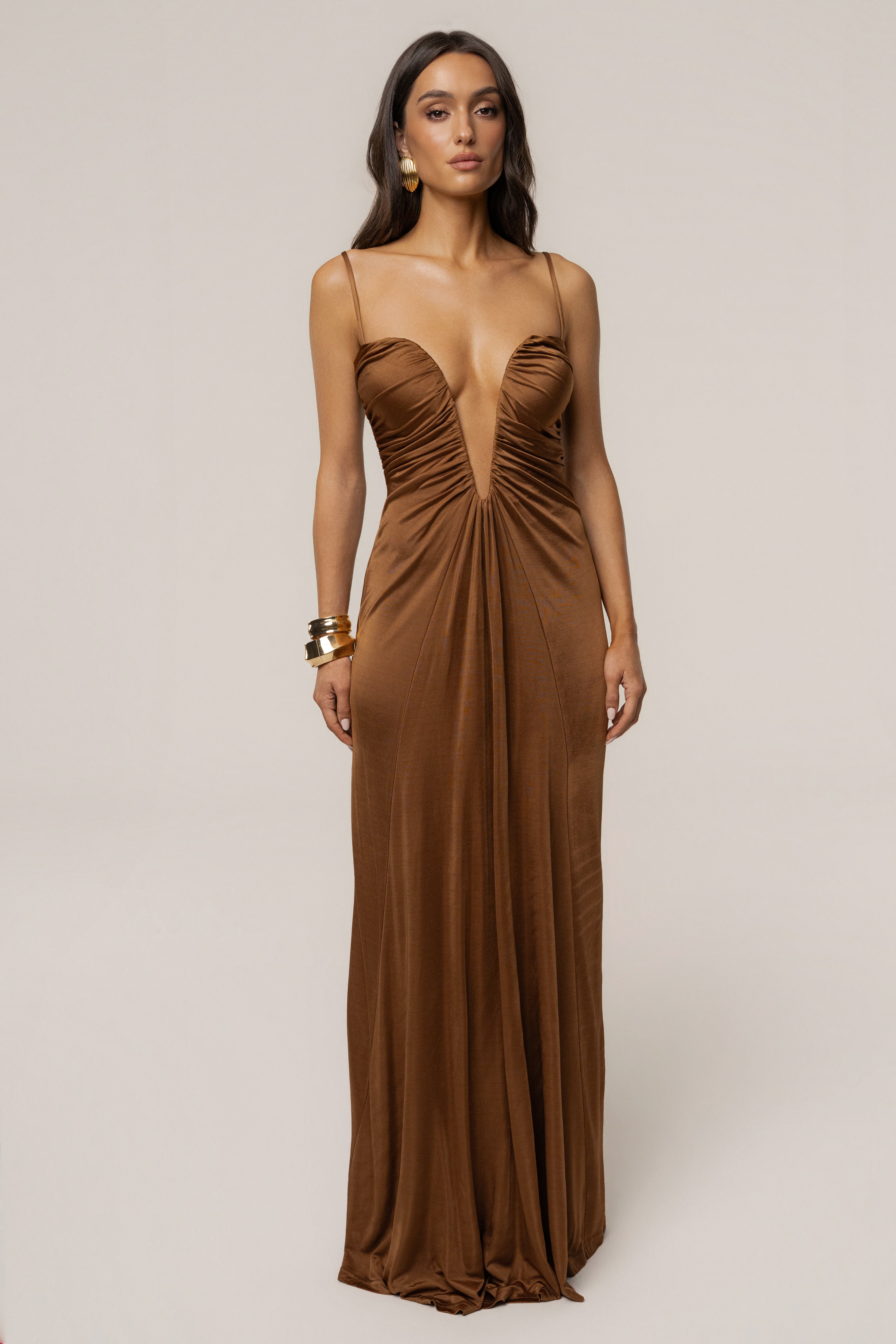 Tan Auric Deep Plunge Maxi Dress - JLUXLABEL
