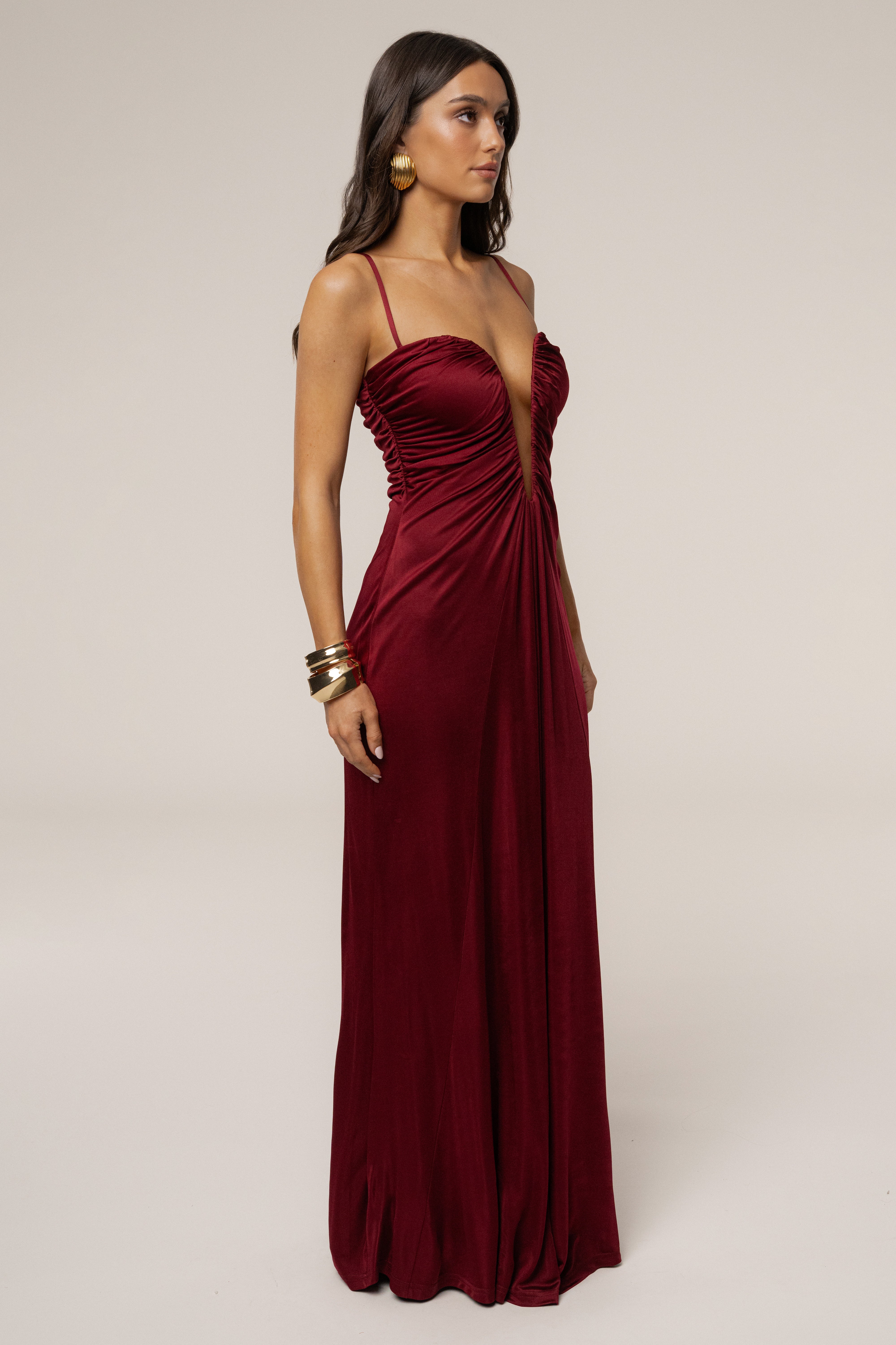 Burgundy Auric Deep Plunge Maxi Dress - JLUXLABEL