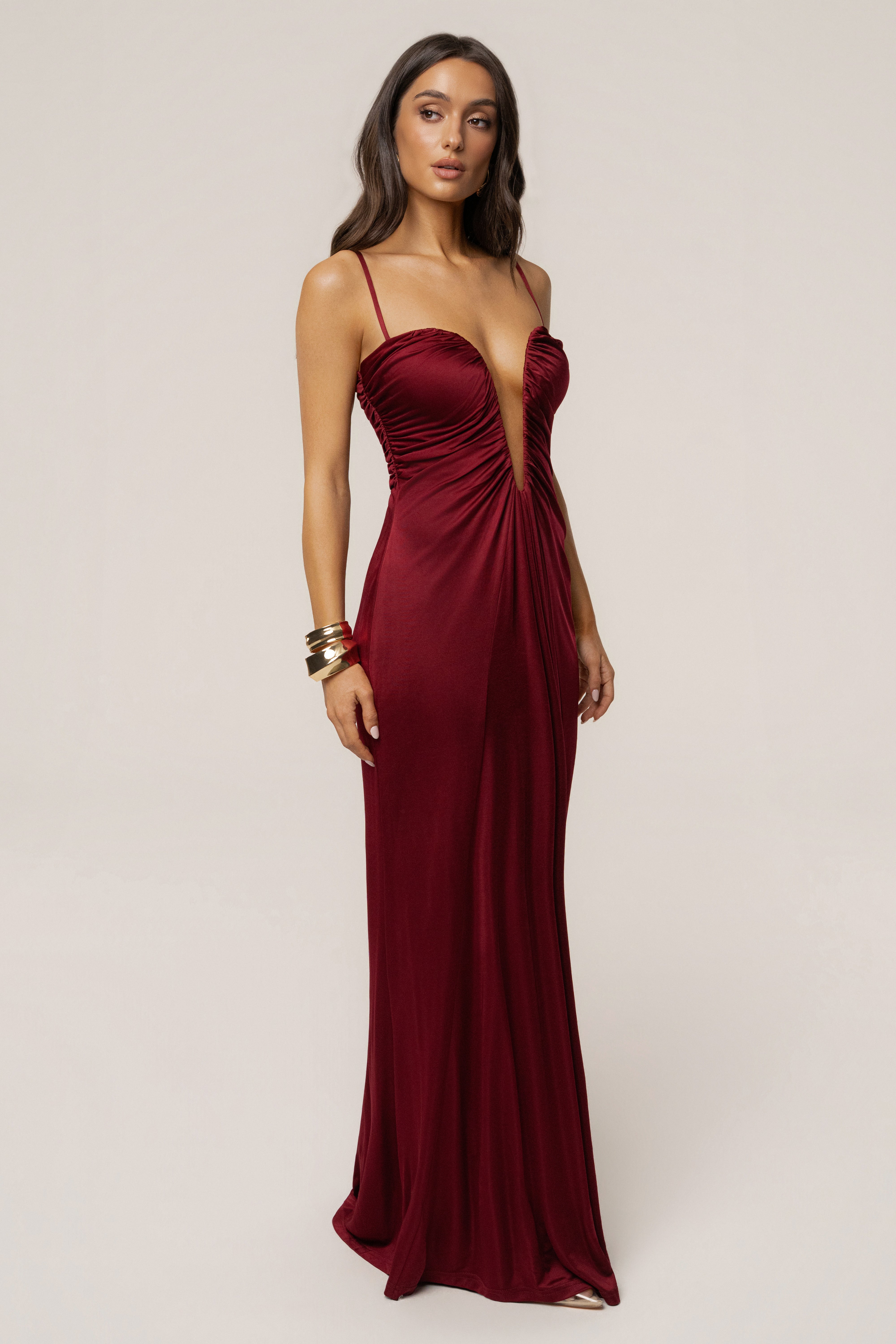 Burgundy Auric Deep Plunge Maxi Dress - JLUXLABEL