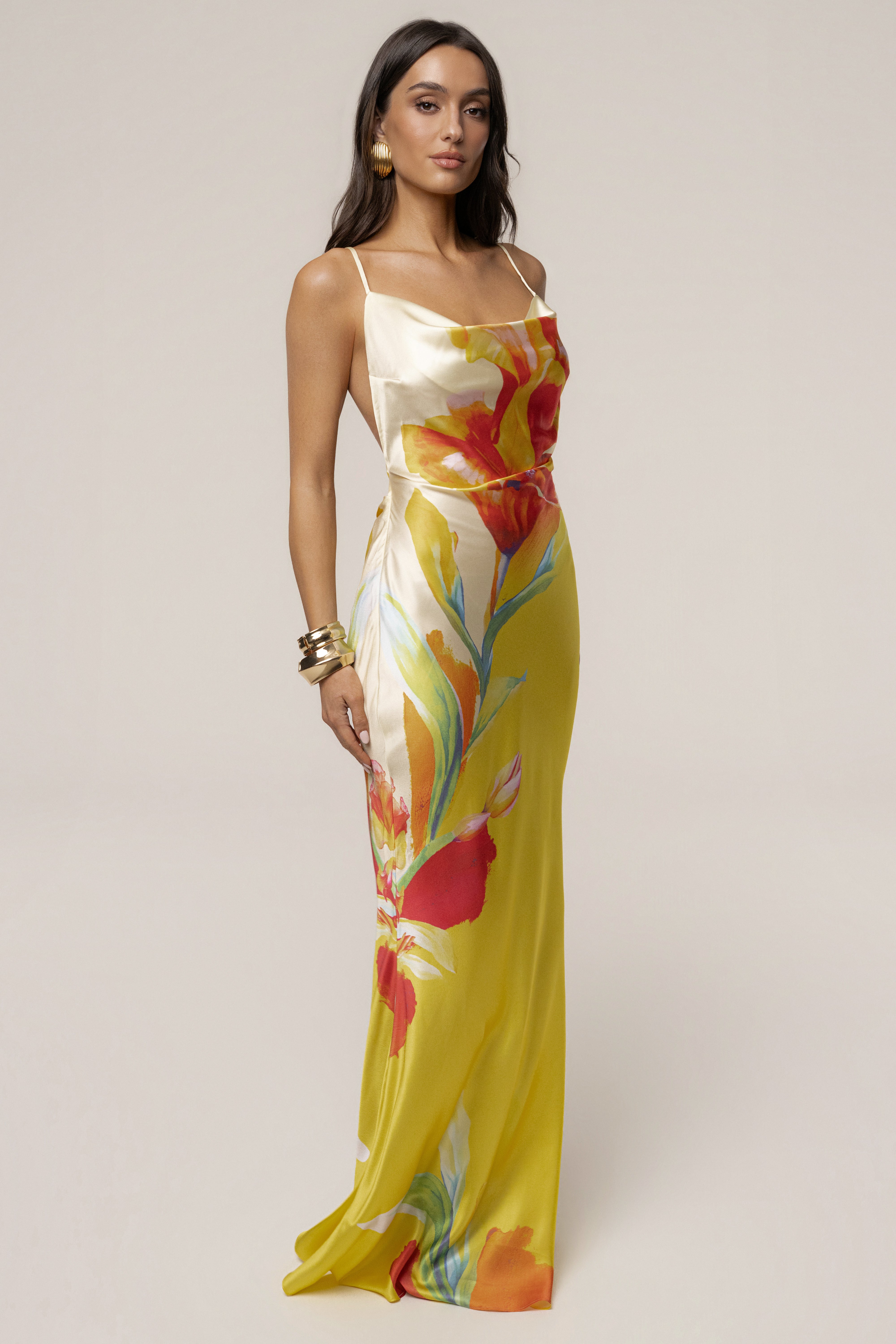 Yellow Satin Floral Print Maxi Dress - JLUXLABEL