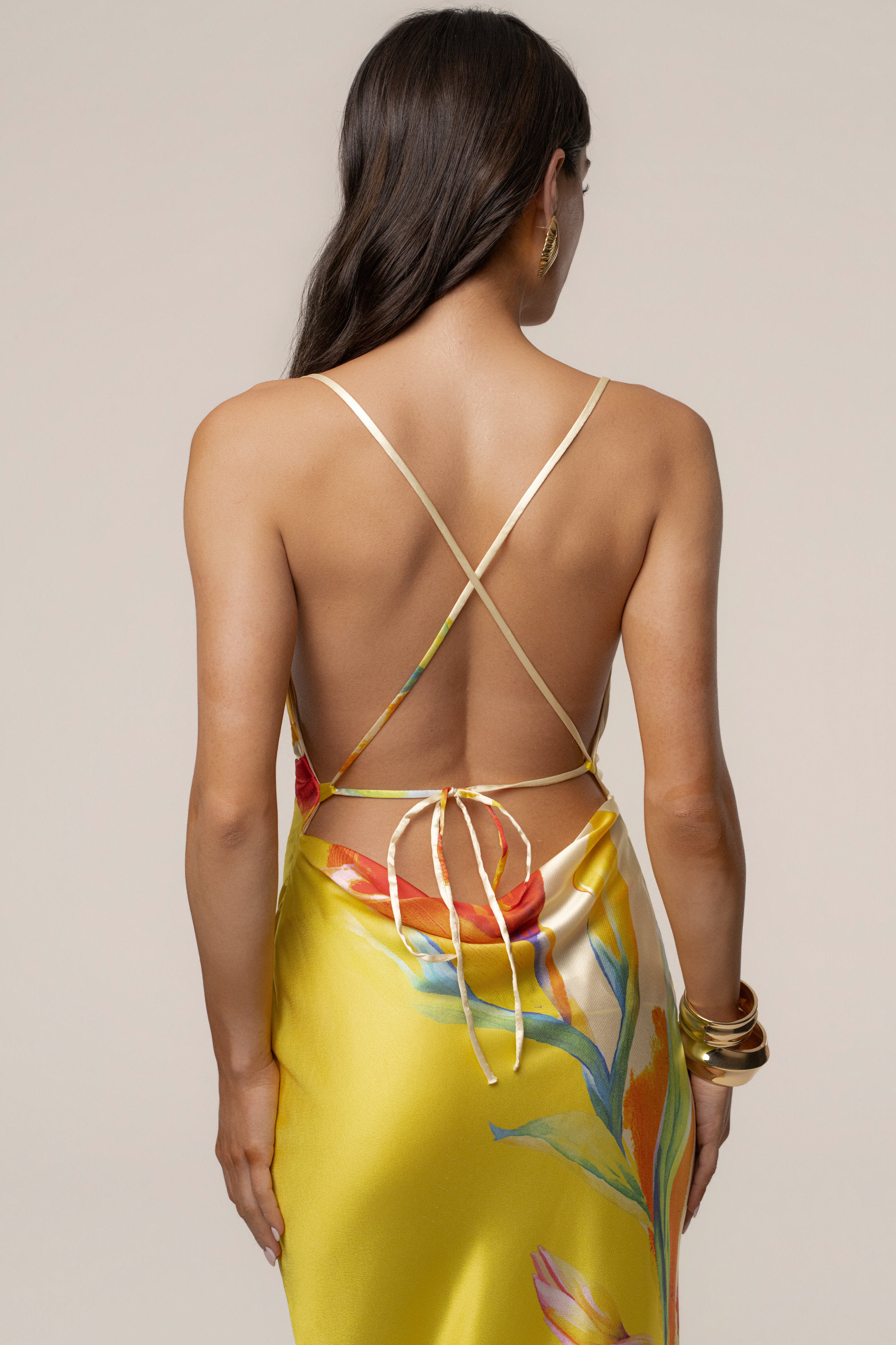 Yellow Satin Floral Print Maxi Dress - JLUXLABEL