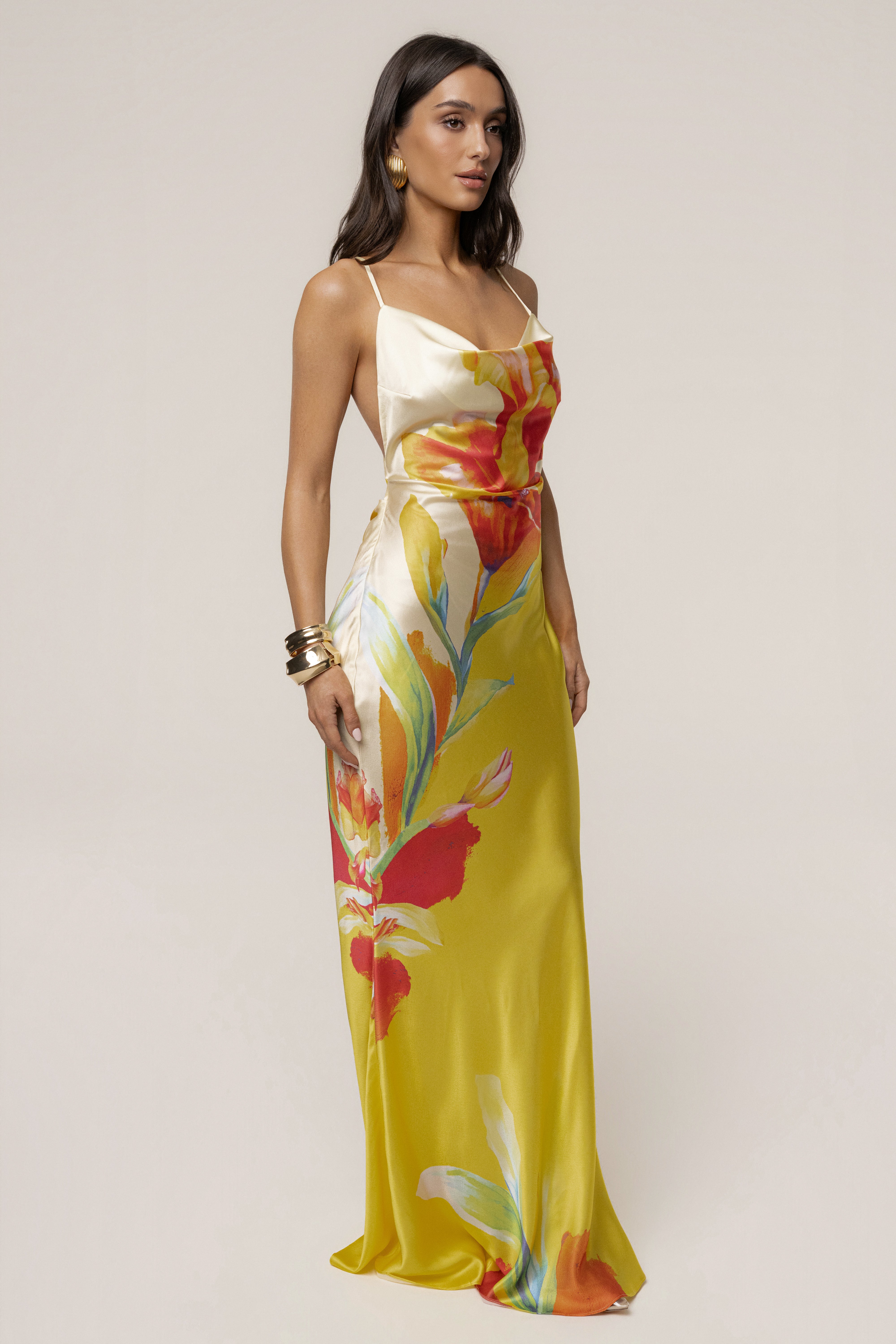 Yellow Satin Floral Print Maxi Dress - JLUXLABEL
