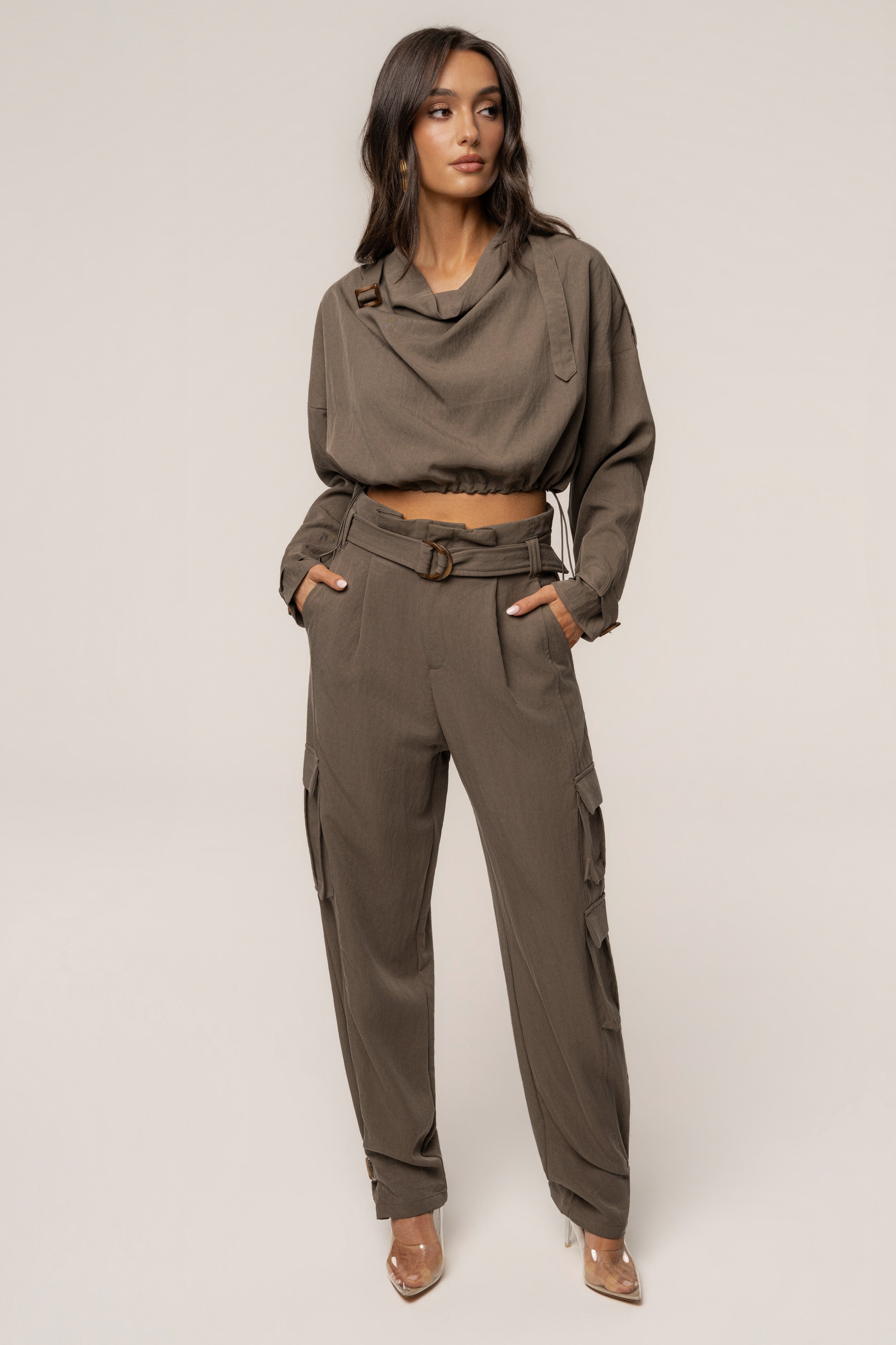 Dark Taupe Boundless Belted Cargo Pants - JLUXLABEL