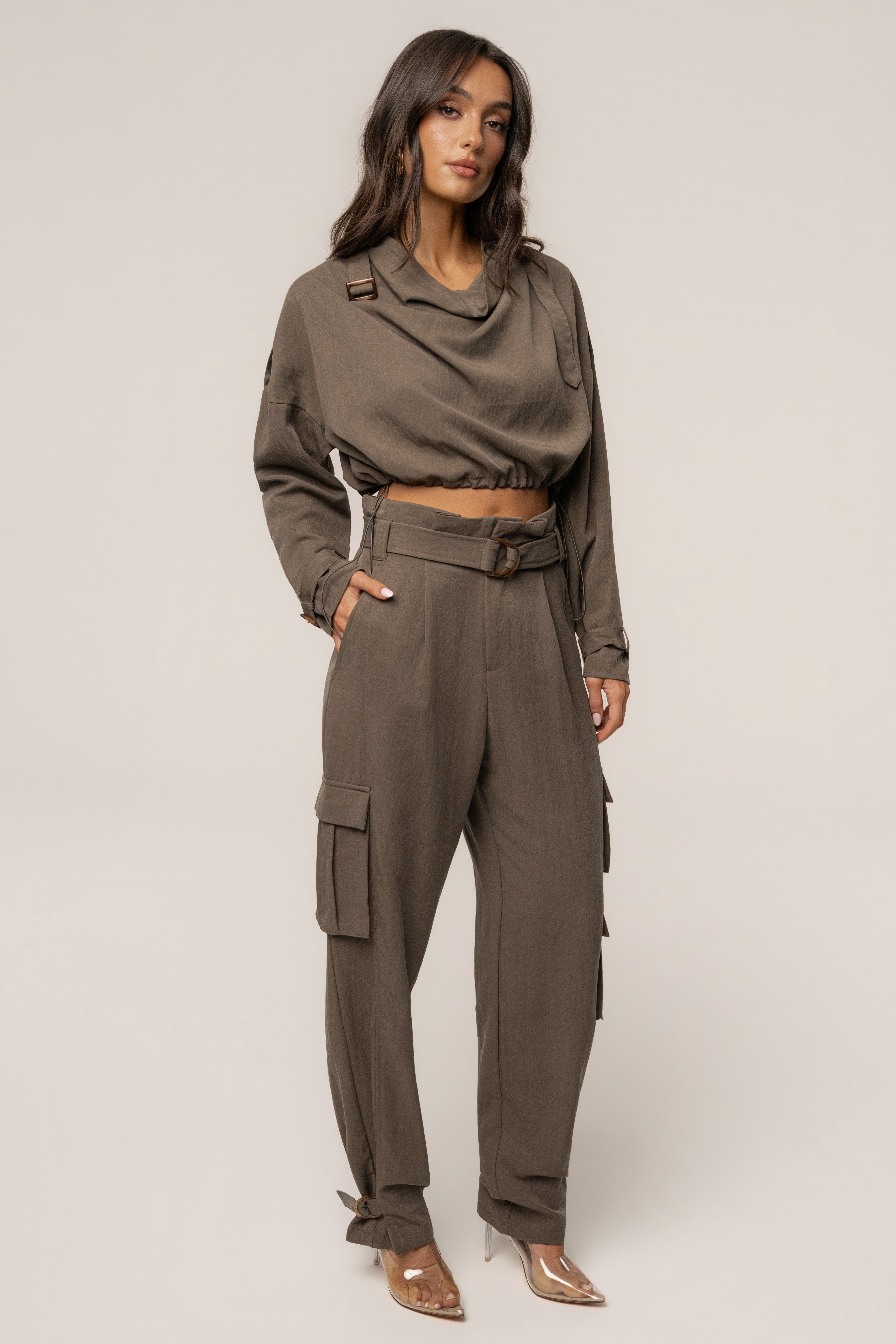 Dark Taupe Boundless Belted Cargo Pants - JLUXLABEL