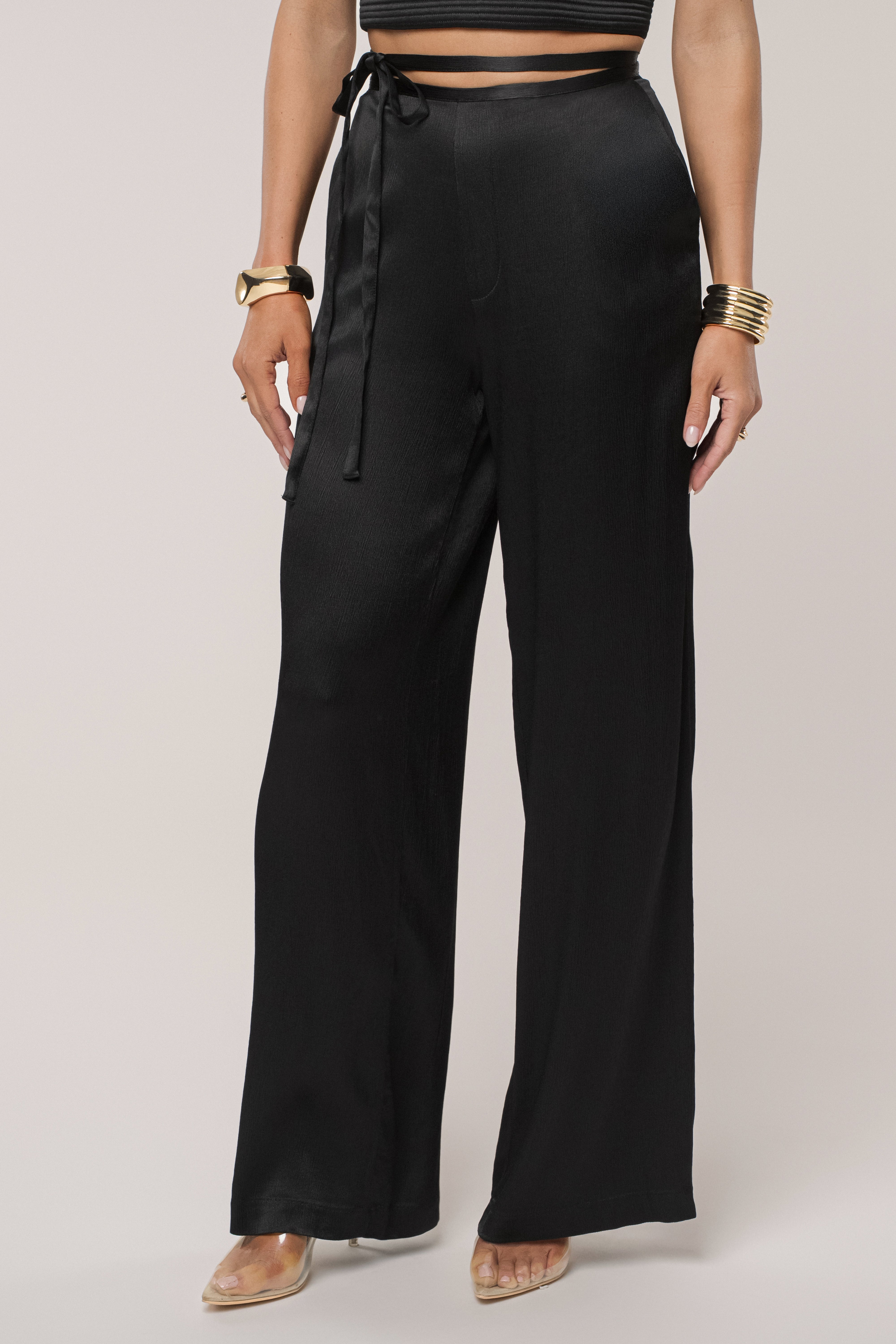 Black Deserae Satin Pants - JLUXLABEL