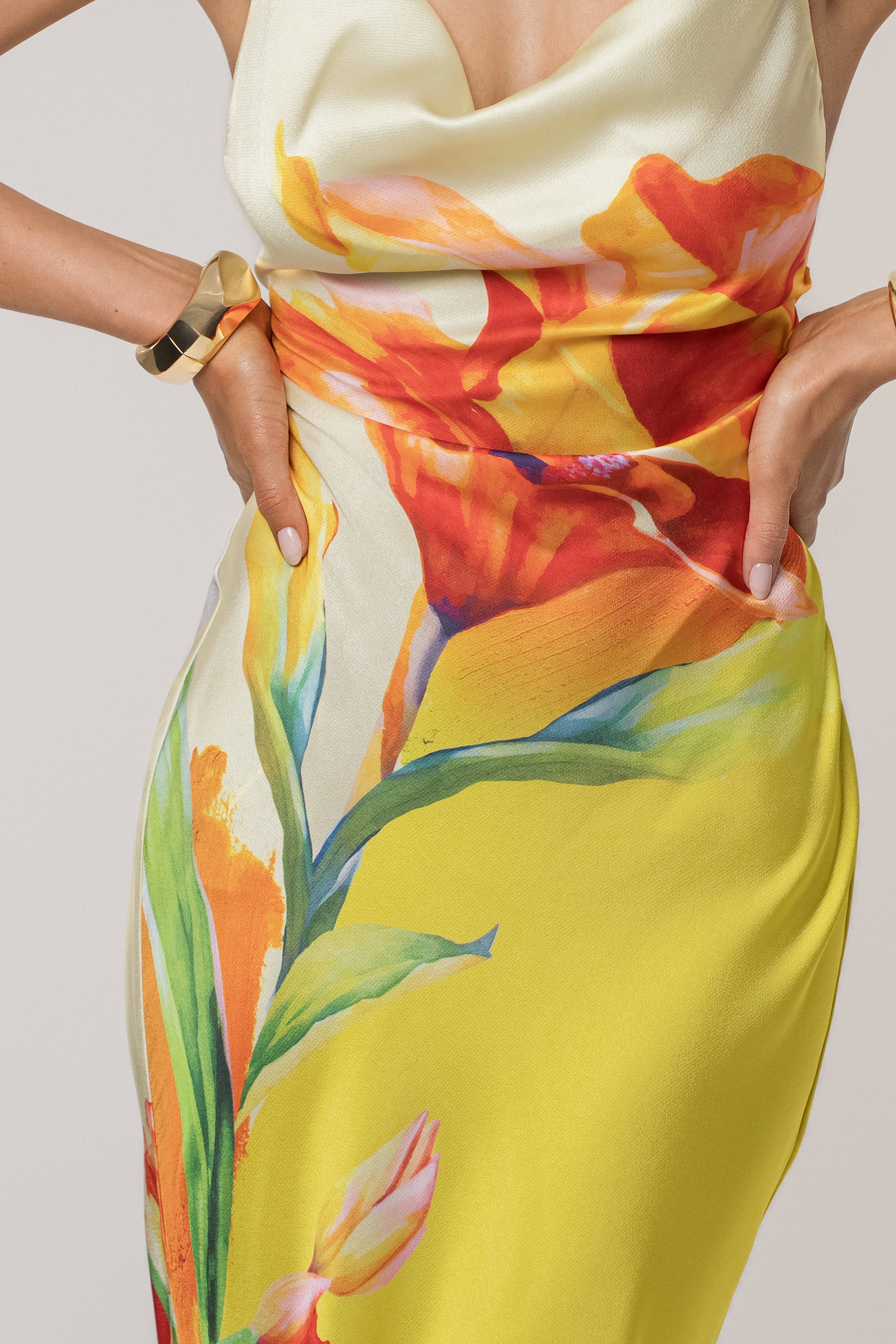 Yellow Floral Satin Floral Print Maxi Dress - JLUXLABEL