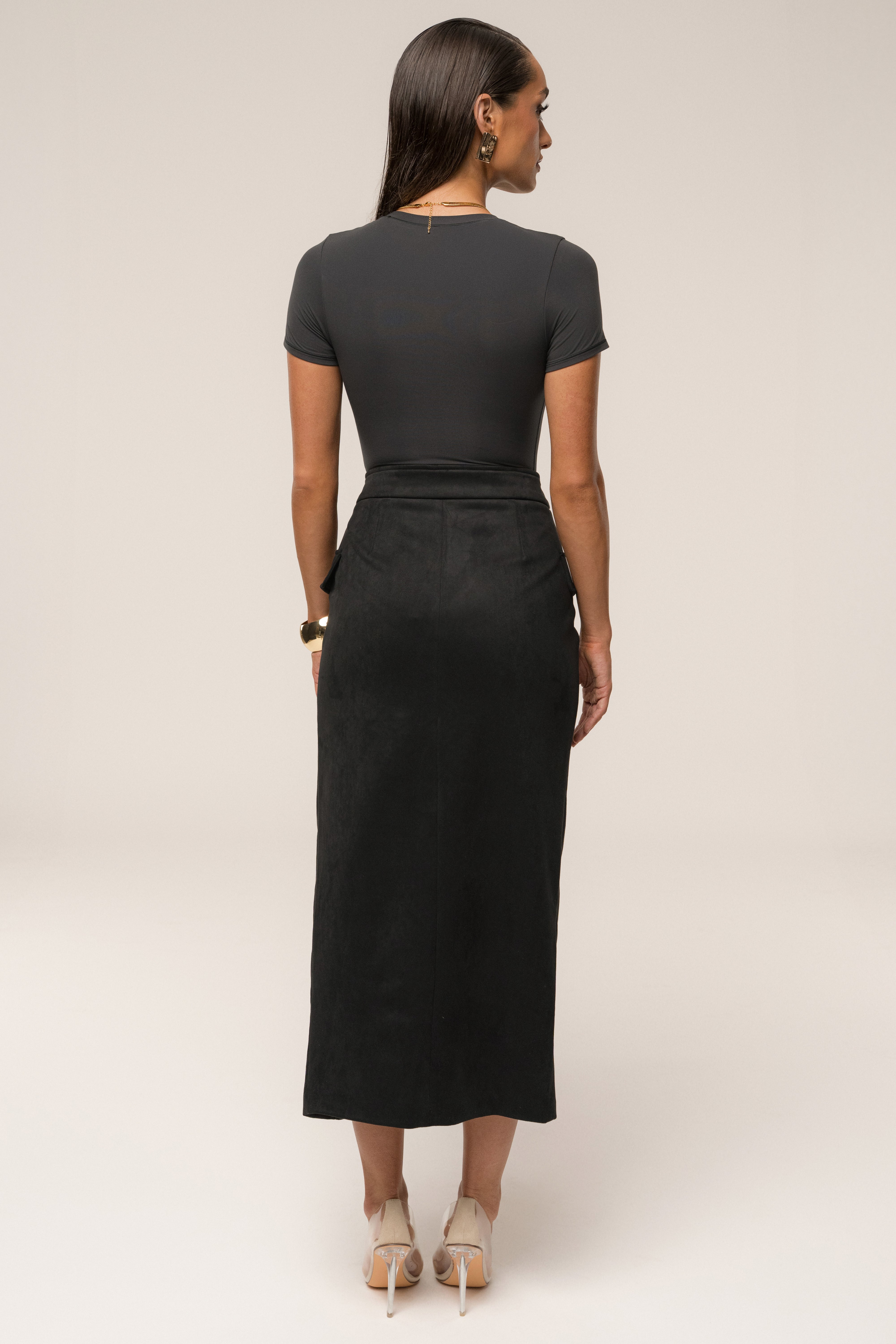 Black Audrey Suede Midi Skirt - JLUXLABEL