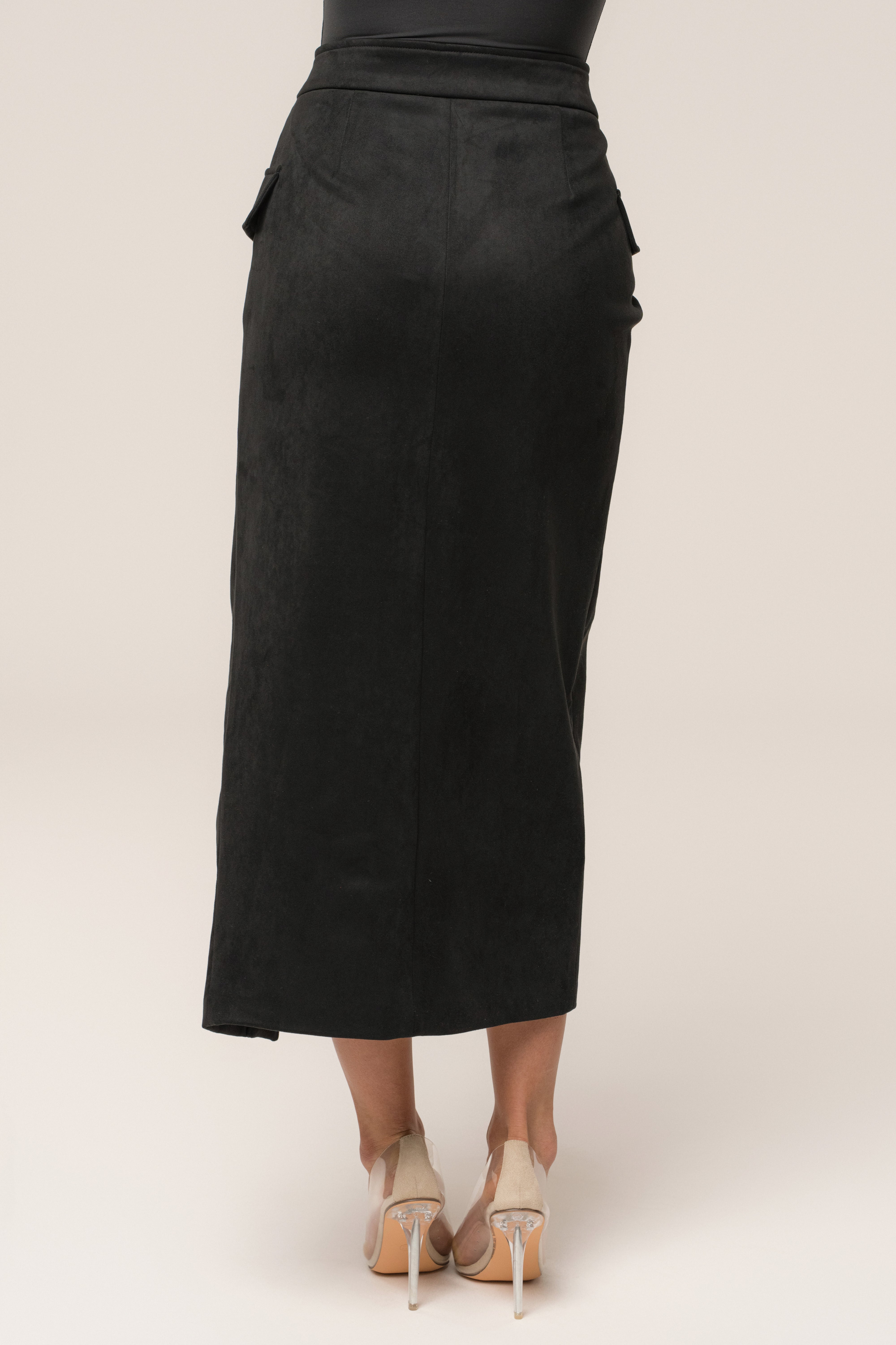 Black Audrey Suede Midi Skirt - JLUXLABEL