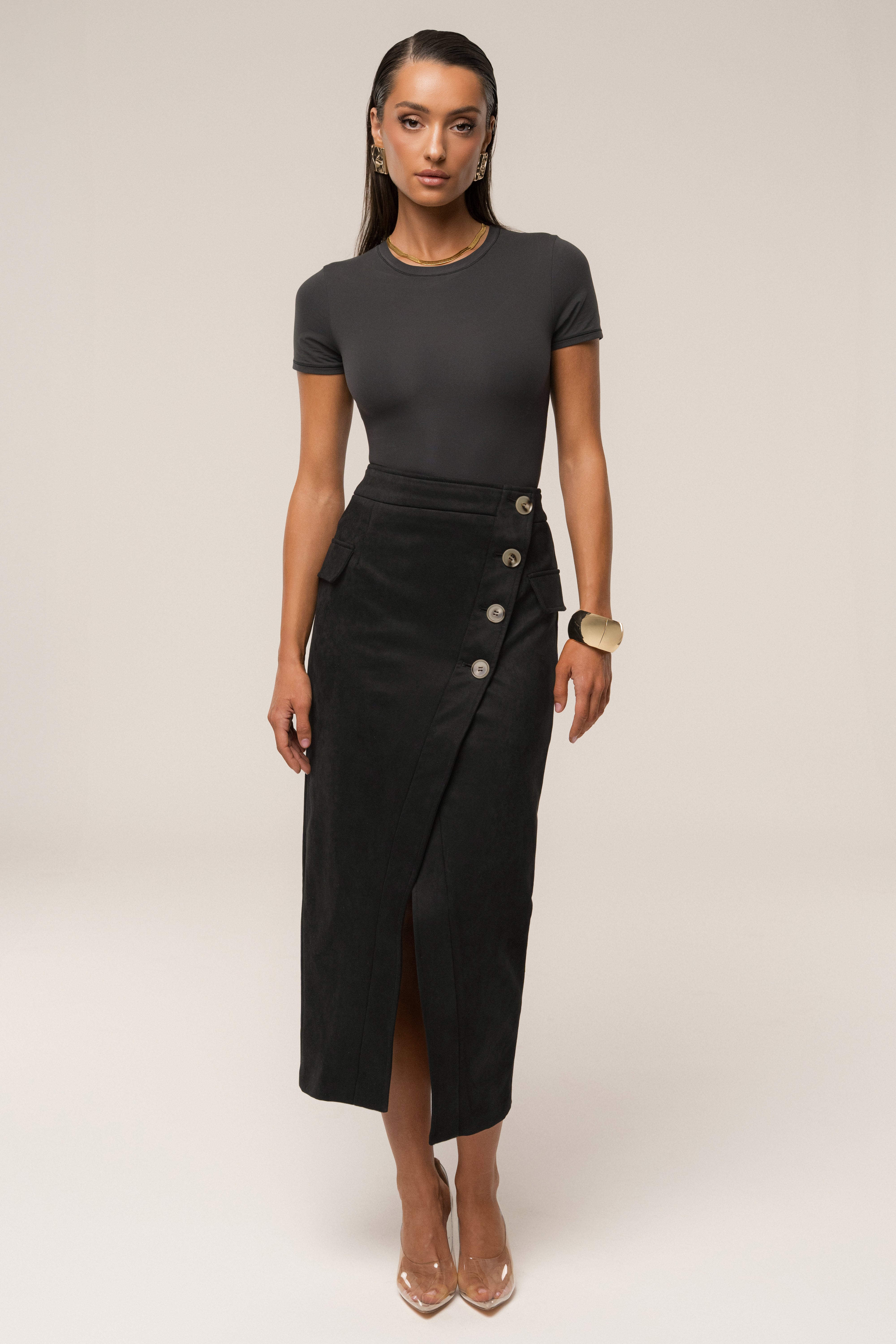 Black Audrey Suede Midi Skirt - JLUXLABEL