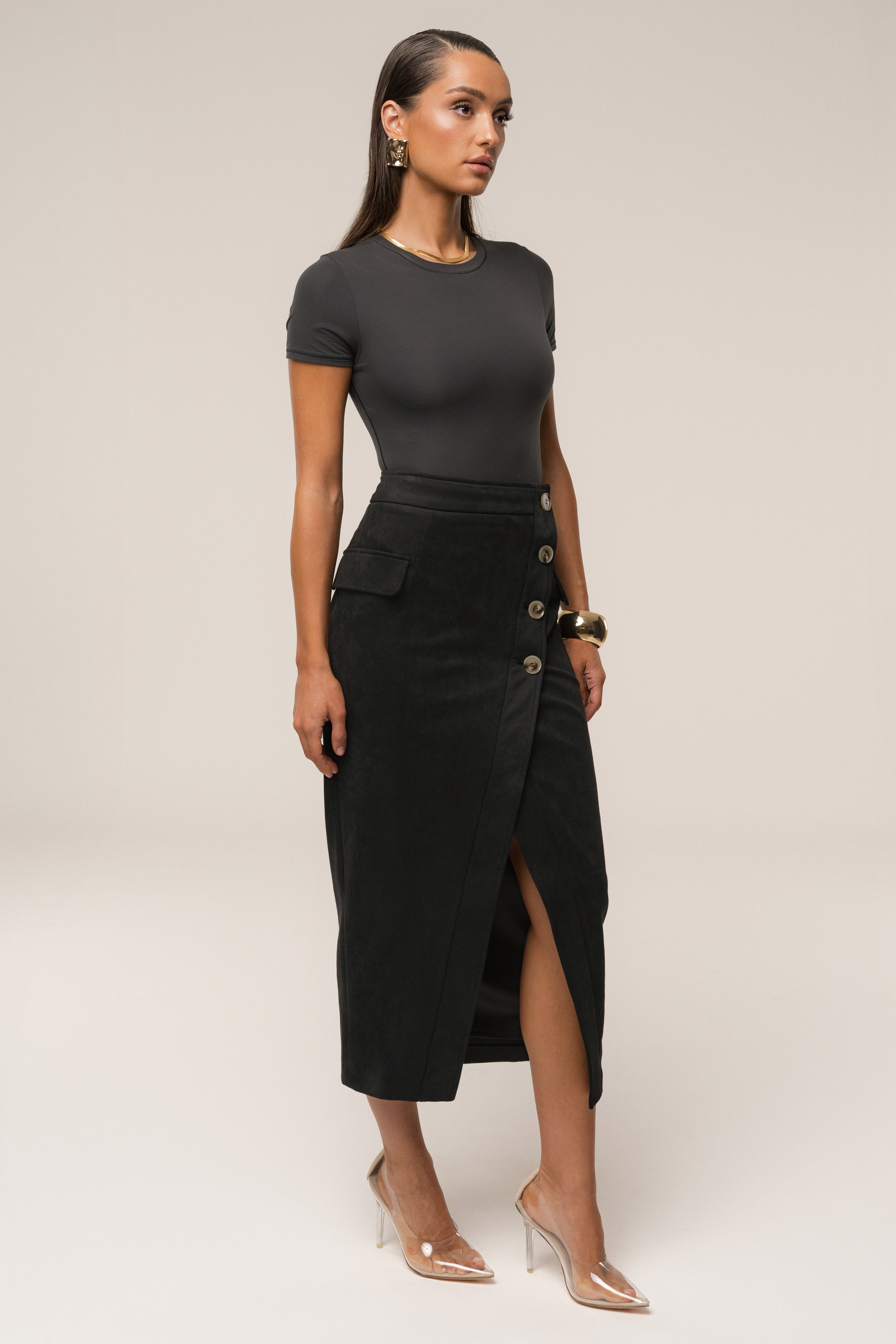 Black Audrey Suede Midi Skirt - JLUXLABEL