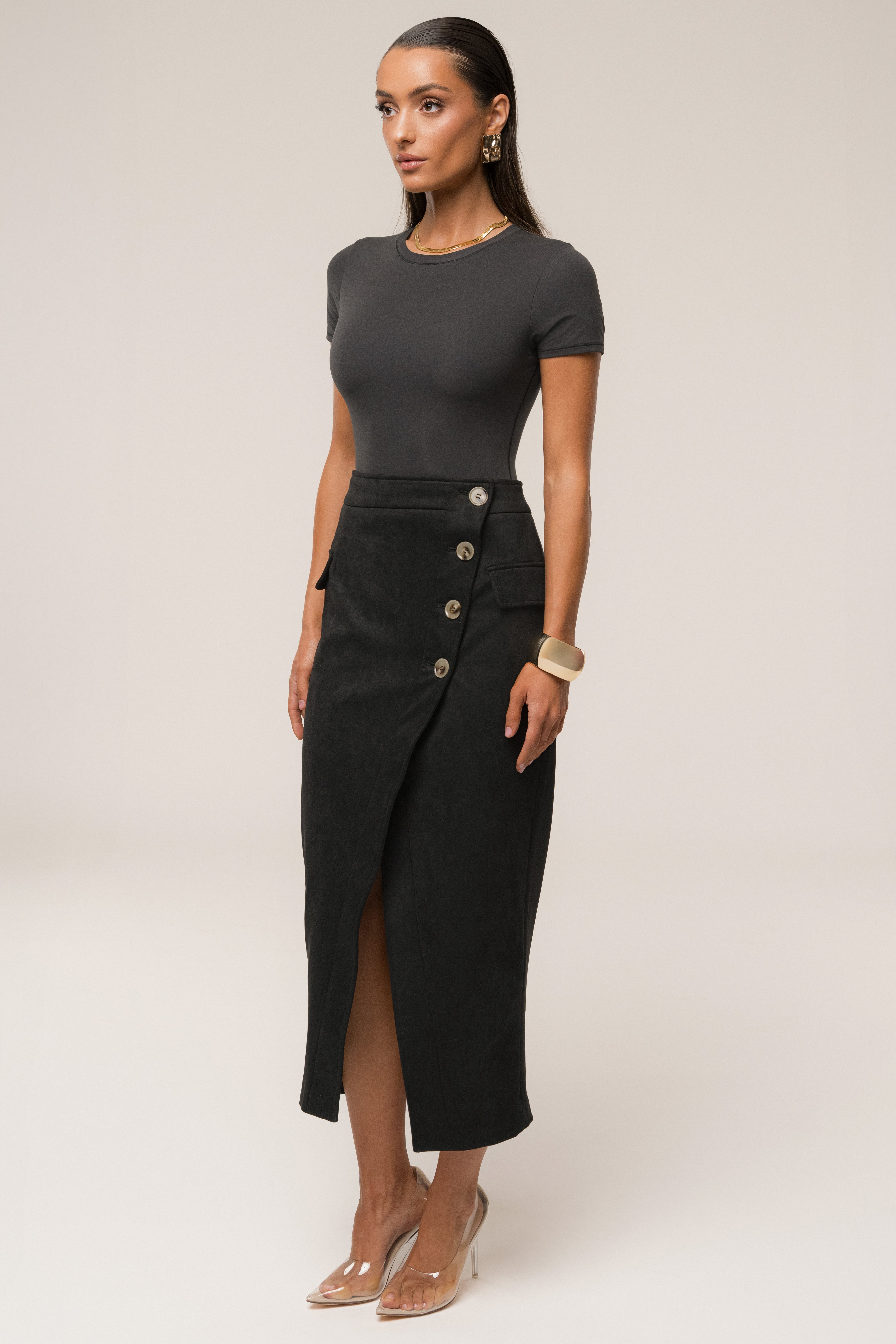 Black Audrey Suede Midi Skirt - JLUXLABEL