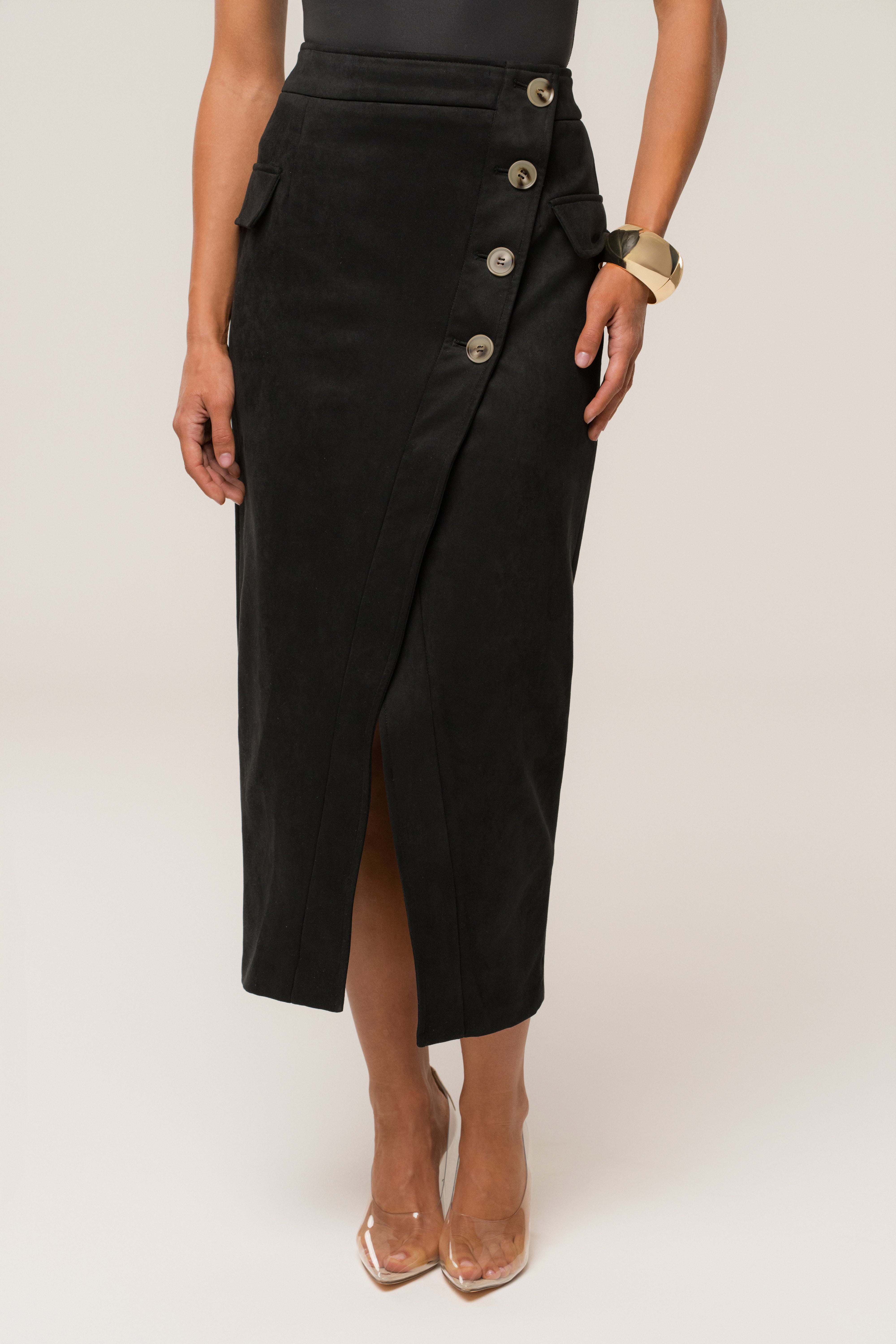Black Audrey Suede Midi Skirt - JLUXLABEL