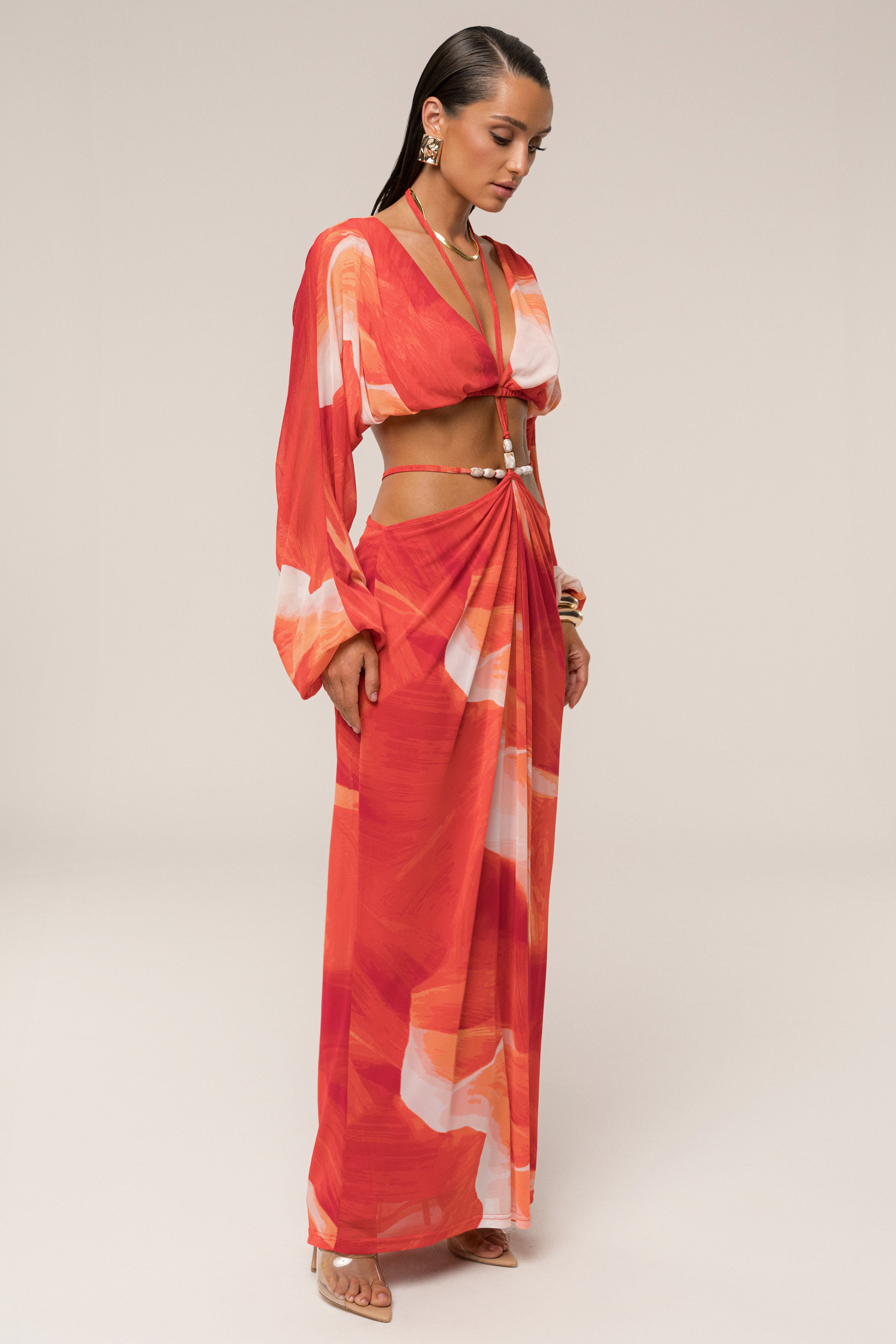 PRE-ORDER Sunset Red Hera Draped Maxi Skirt - JLUXLABEL