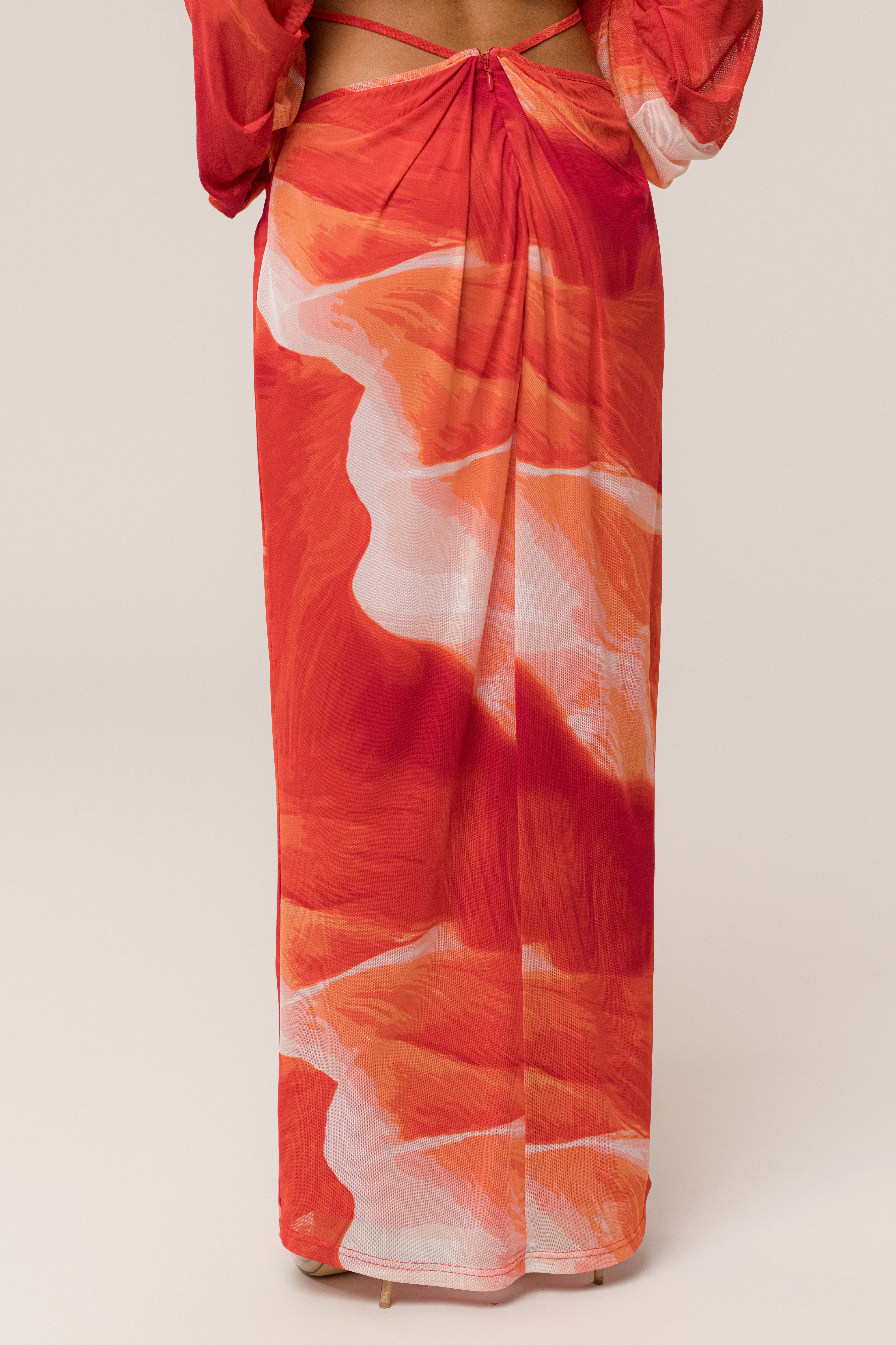 PRE-ORDER Sunset Red Hera Draped Maxi Skirt - JLUXLABEL