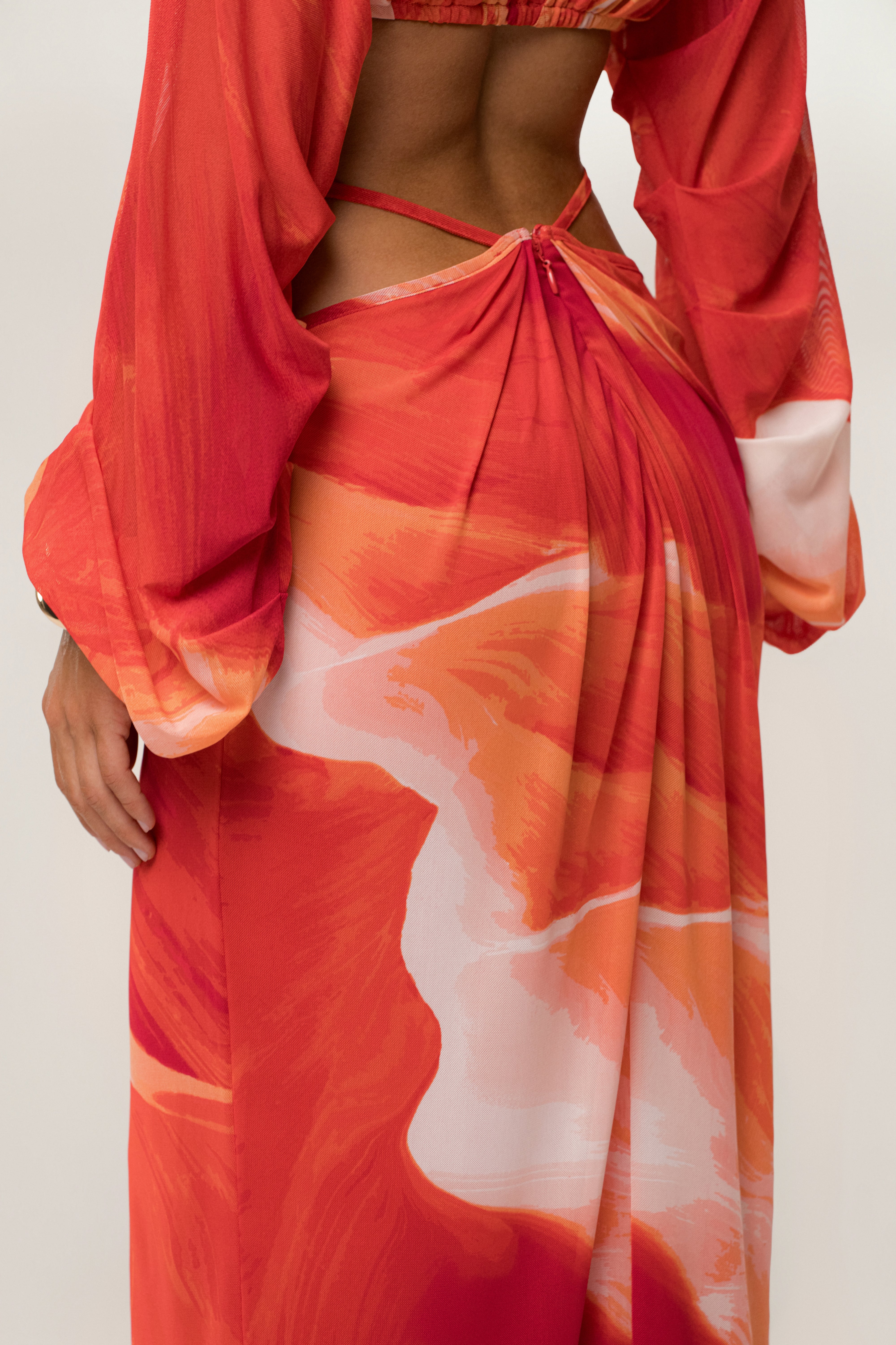 PRE-ORDER Sunset Red Hera Draped Maxi Skirt - JLUXLABEL