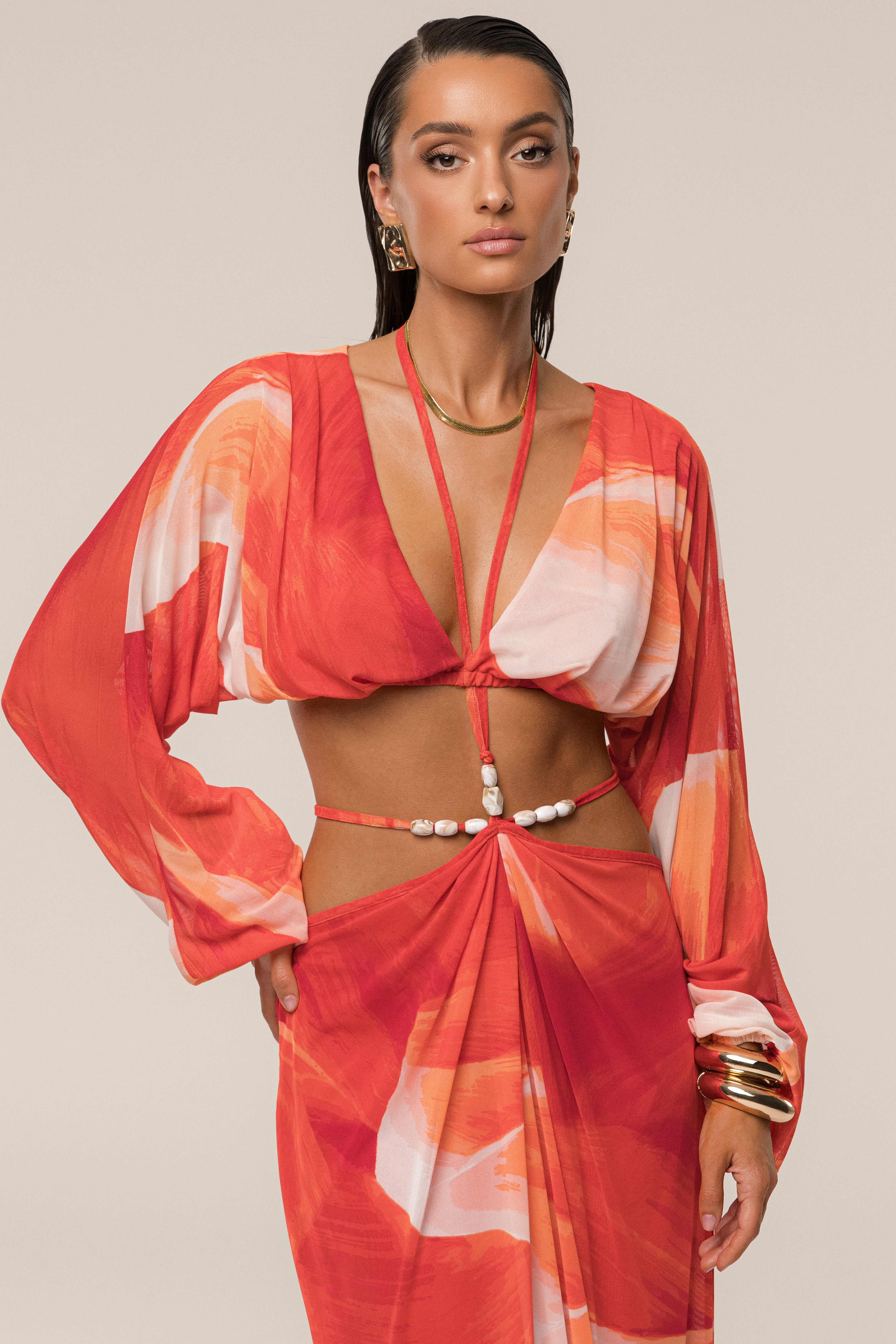 PRE-ORDER Sunset Red Hera Draped Maxi Skirt - JLUXLABEL