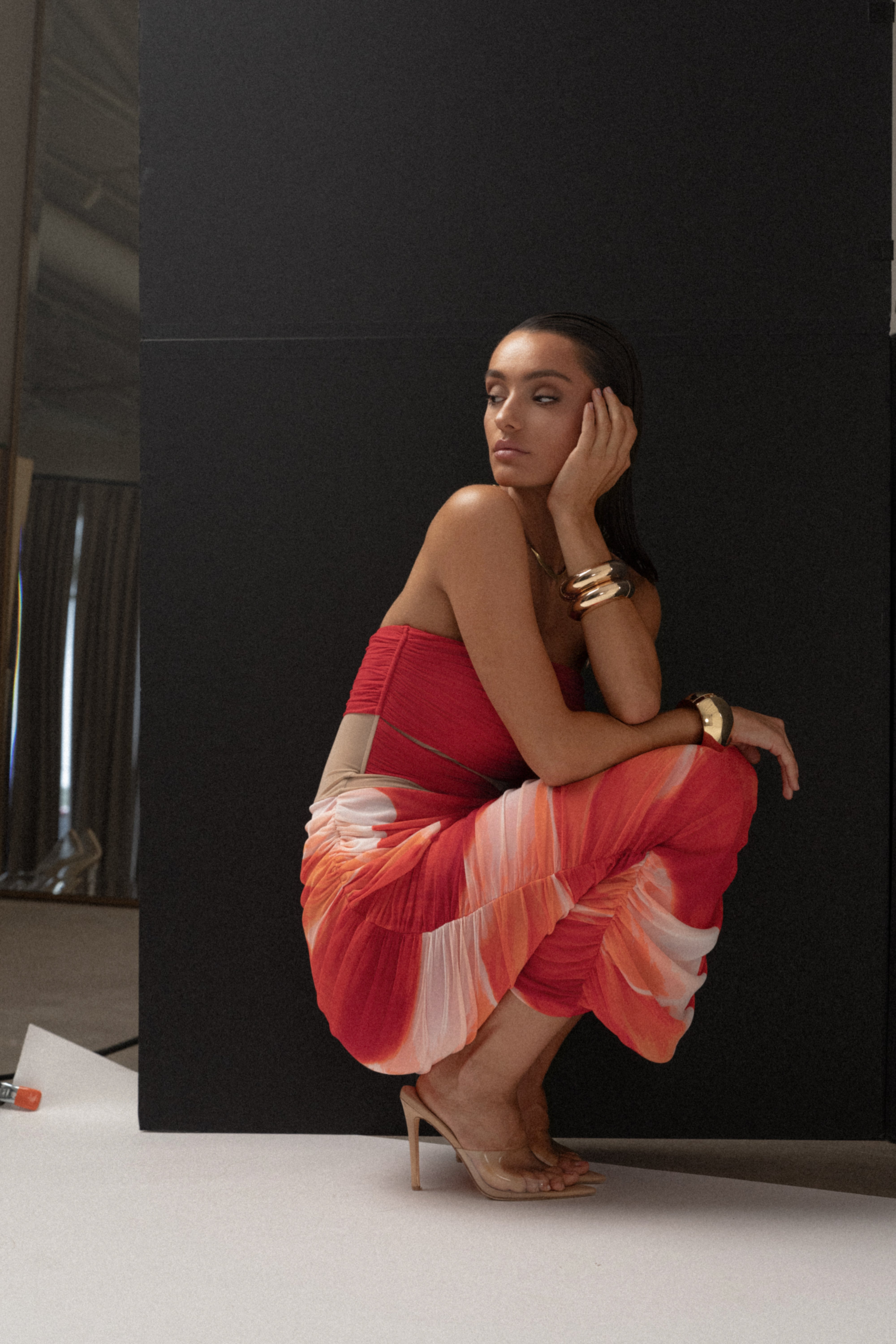 Sunset Red Timeless Form Ruched Midi Dress - JLUXLABEL