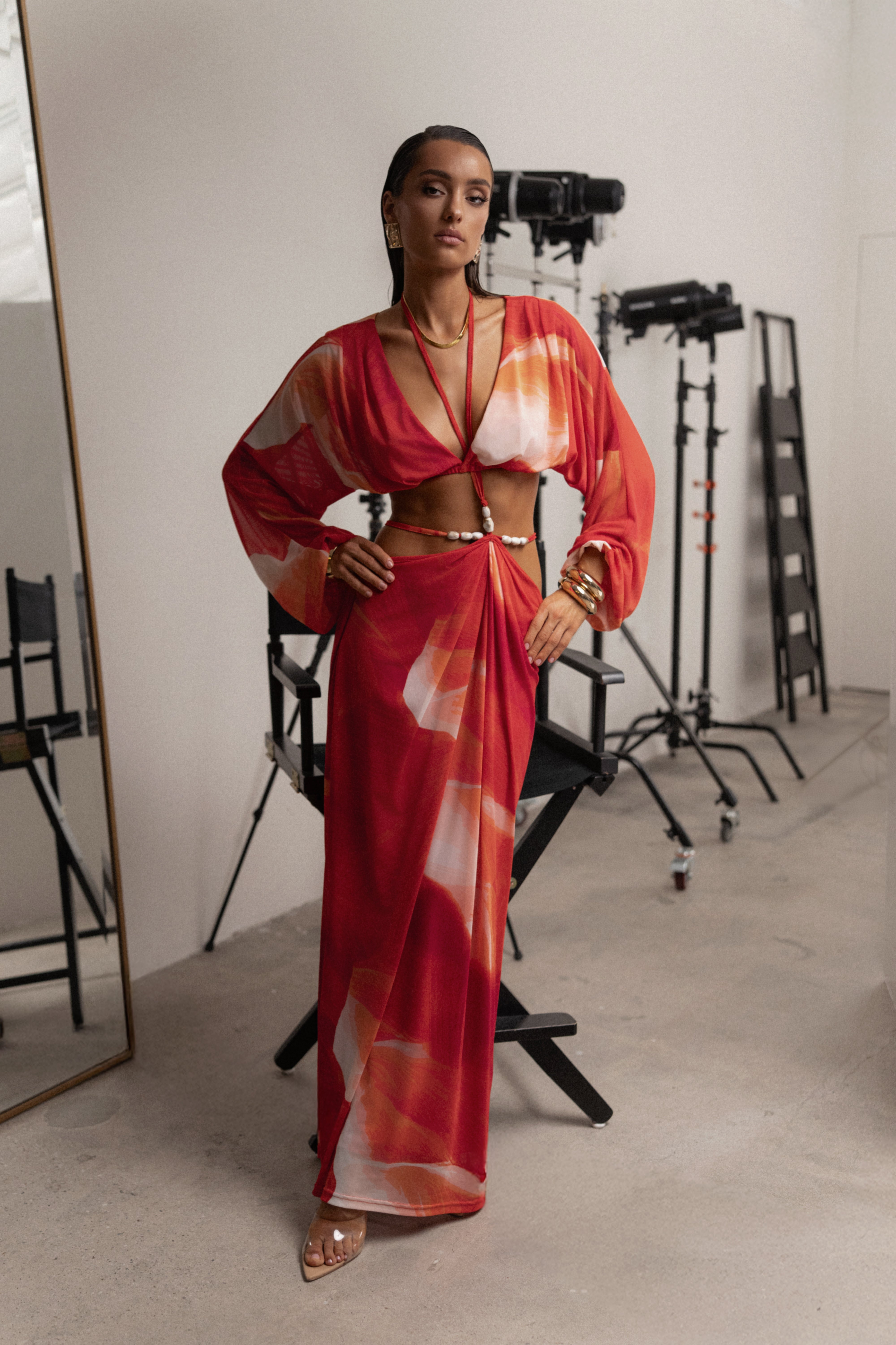 PRE-ORDER Sunset Red Selene Draped Top - JLUXLABEL