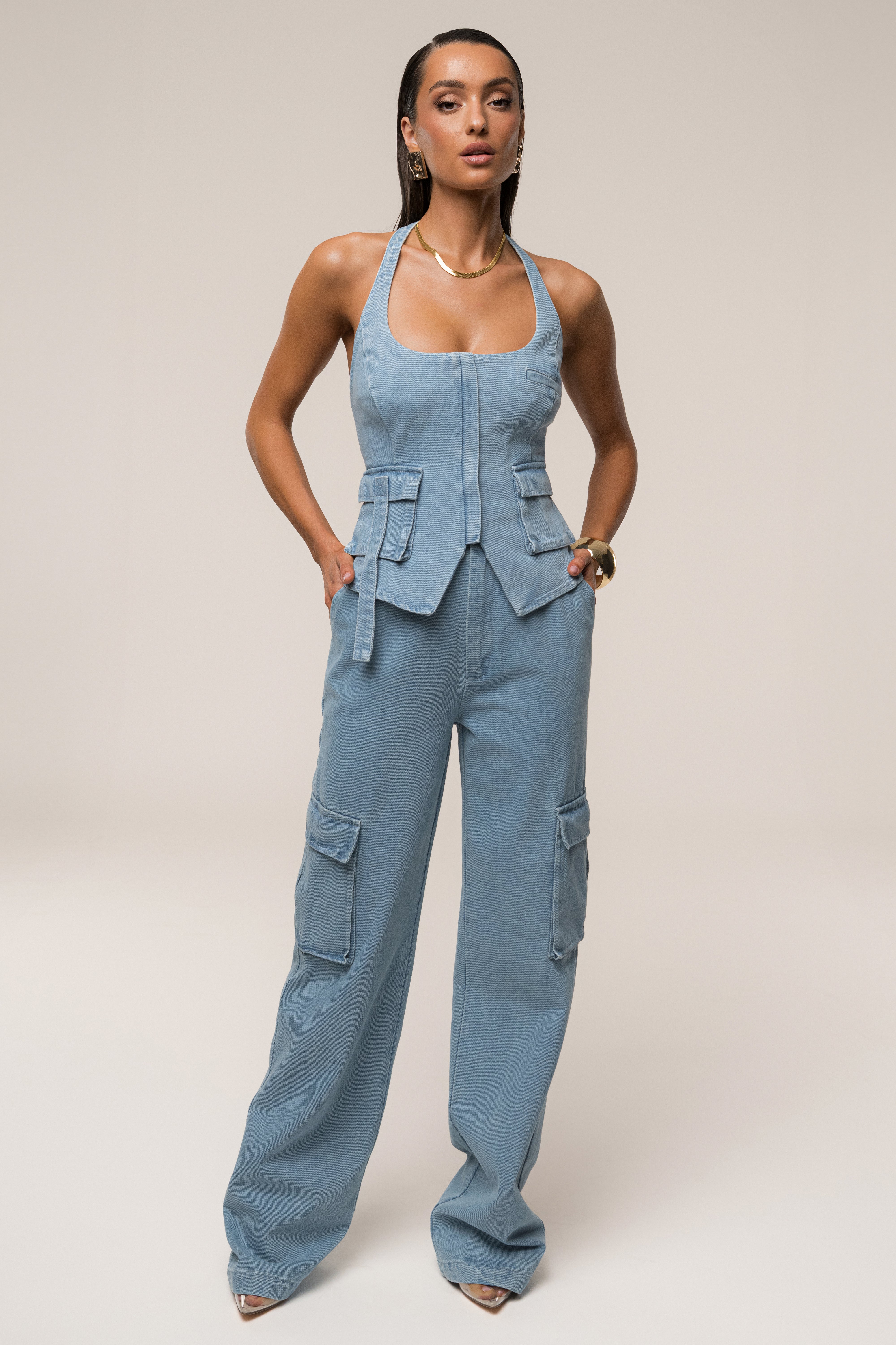 Medium Wash Denim Utility Cargo Pants - JLUXLABEL