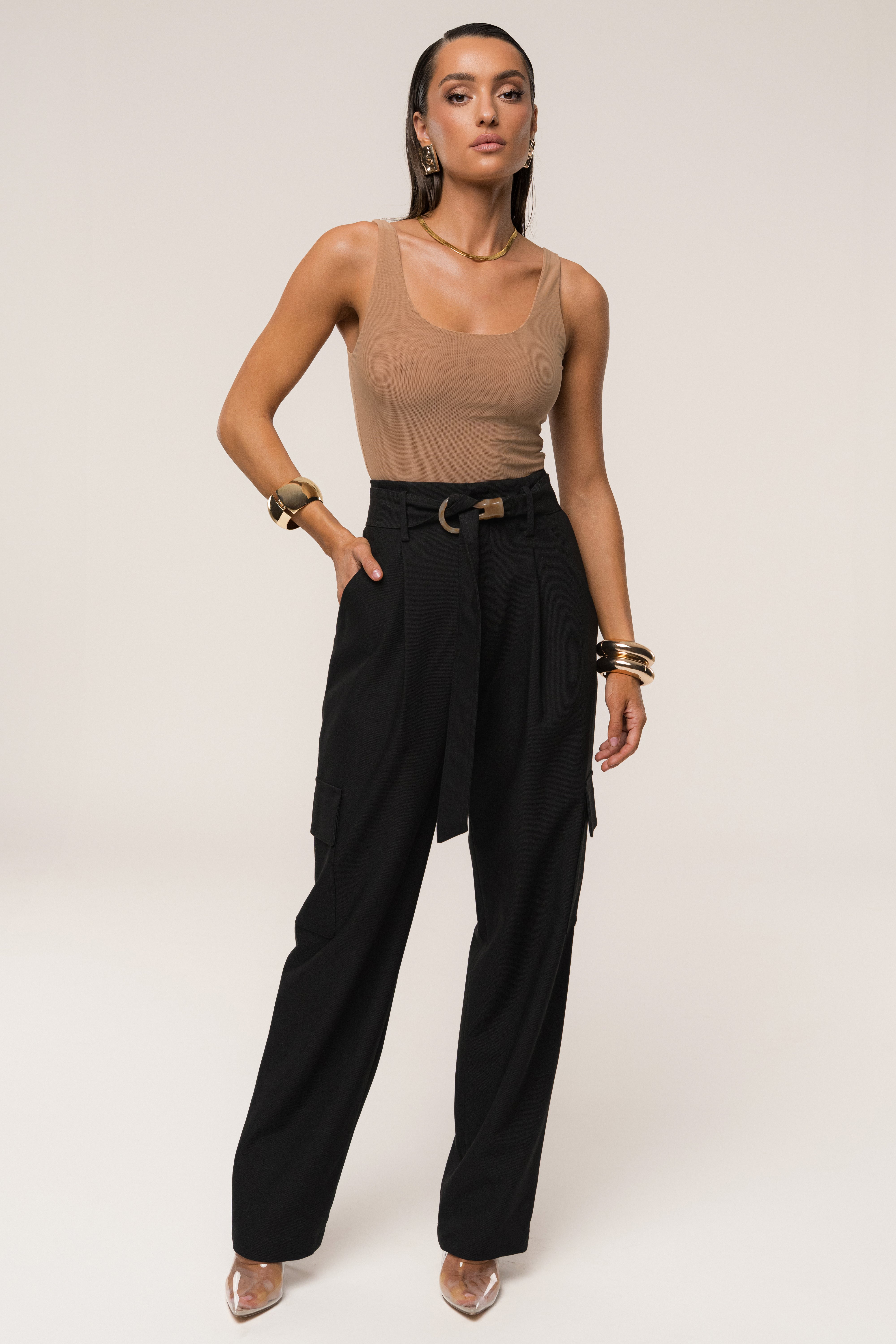 Black Alexis Belted Cargo Pants - JLUXLABEL