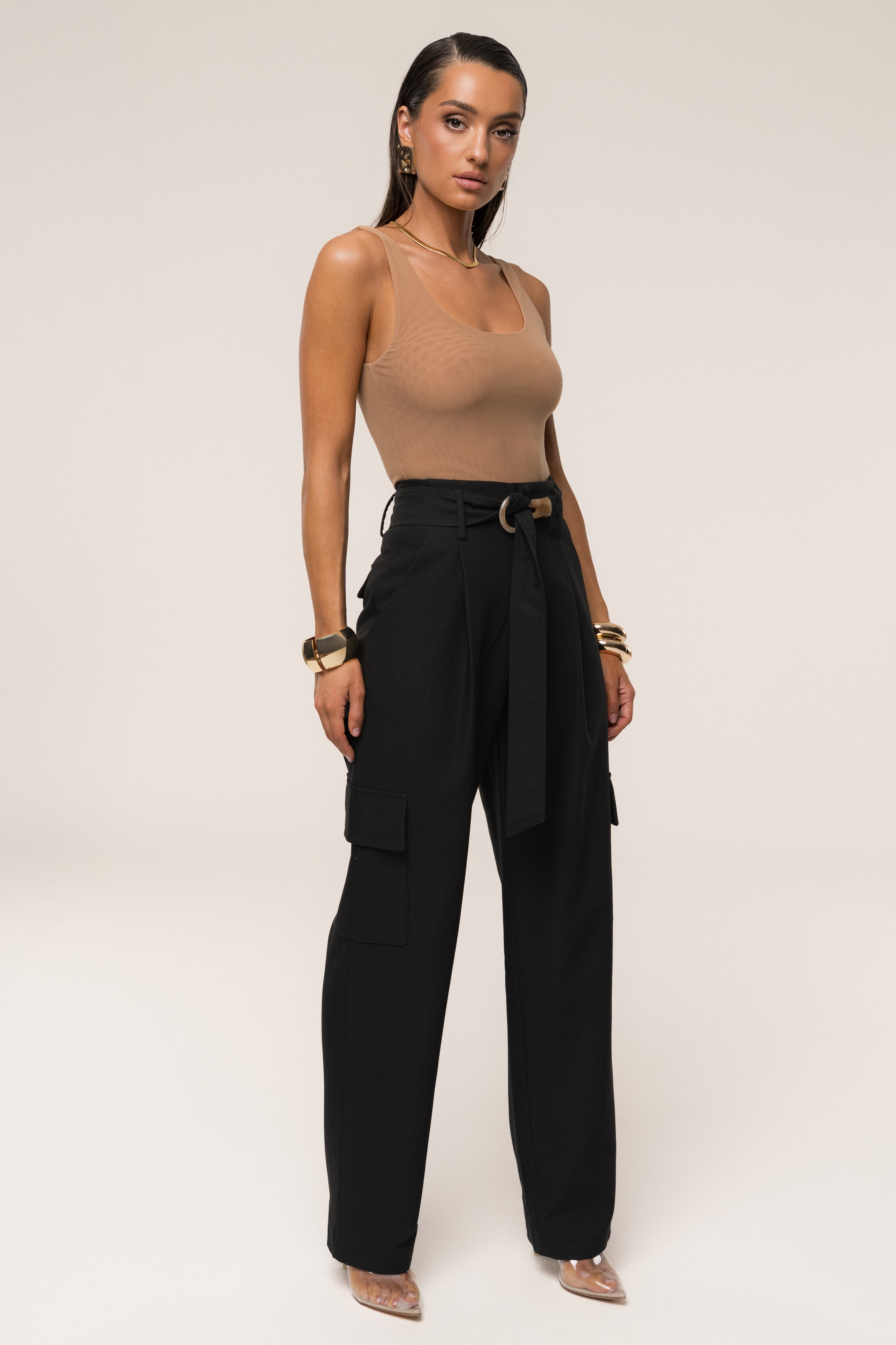 Black Alexis Belted Cargo Pants - JLUXLABEL