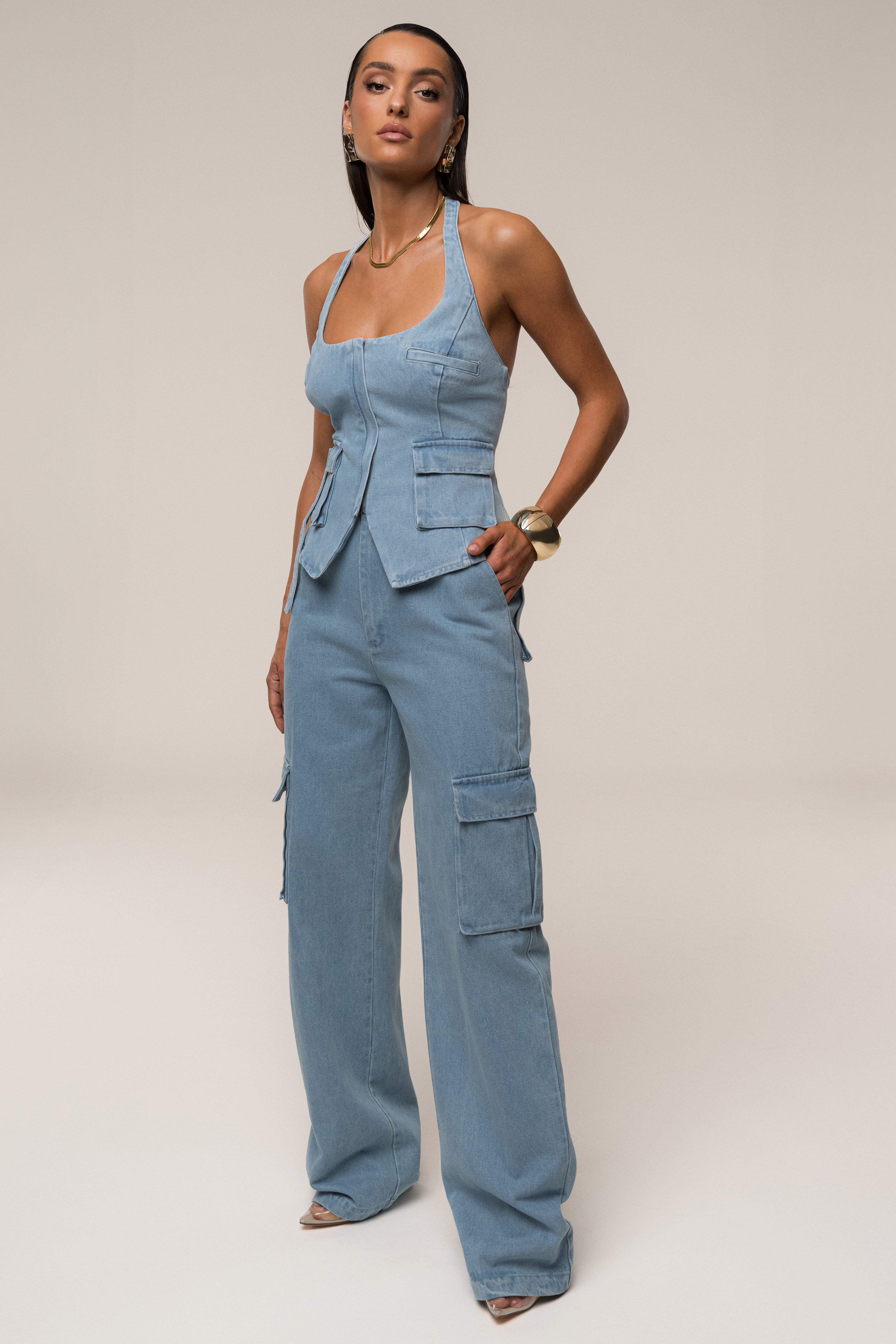 Medium Wash Denim Utility Cargo Pants - JLUXLABEL