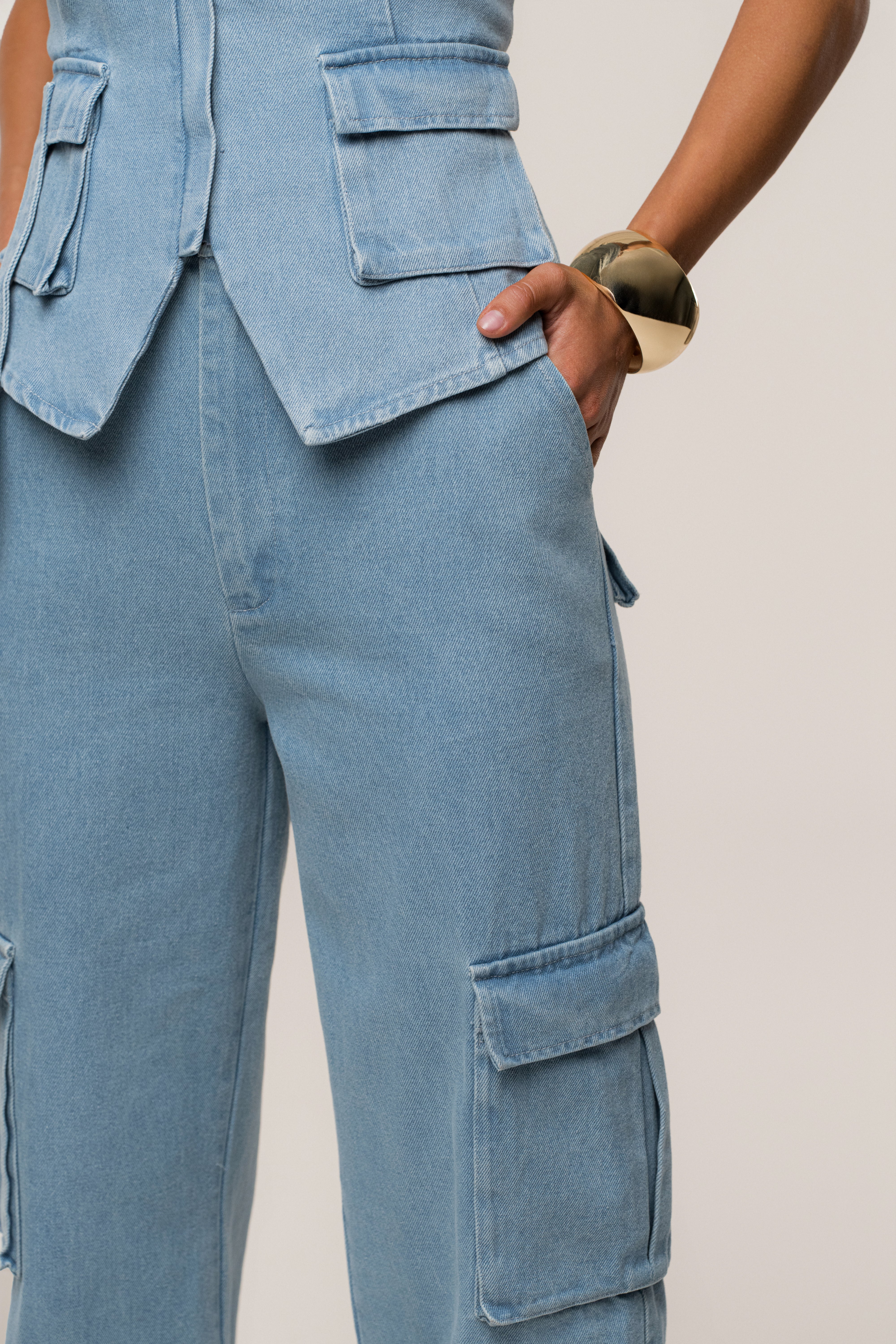 Medium Wash Denim Utility Cargo Pants - JLUXLABEL