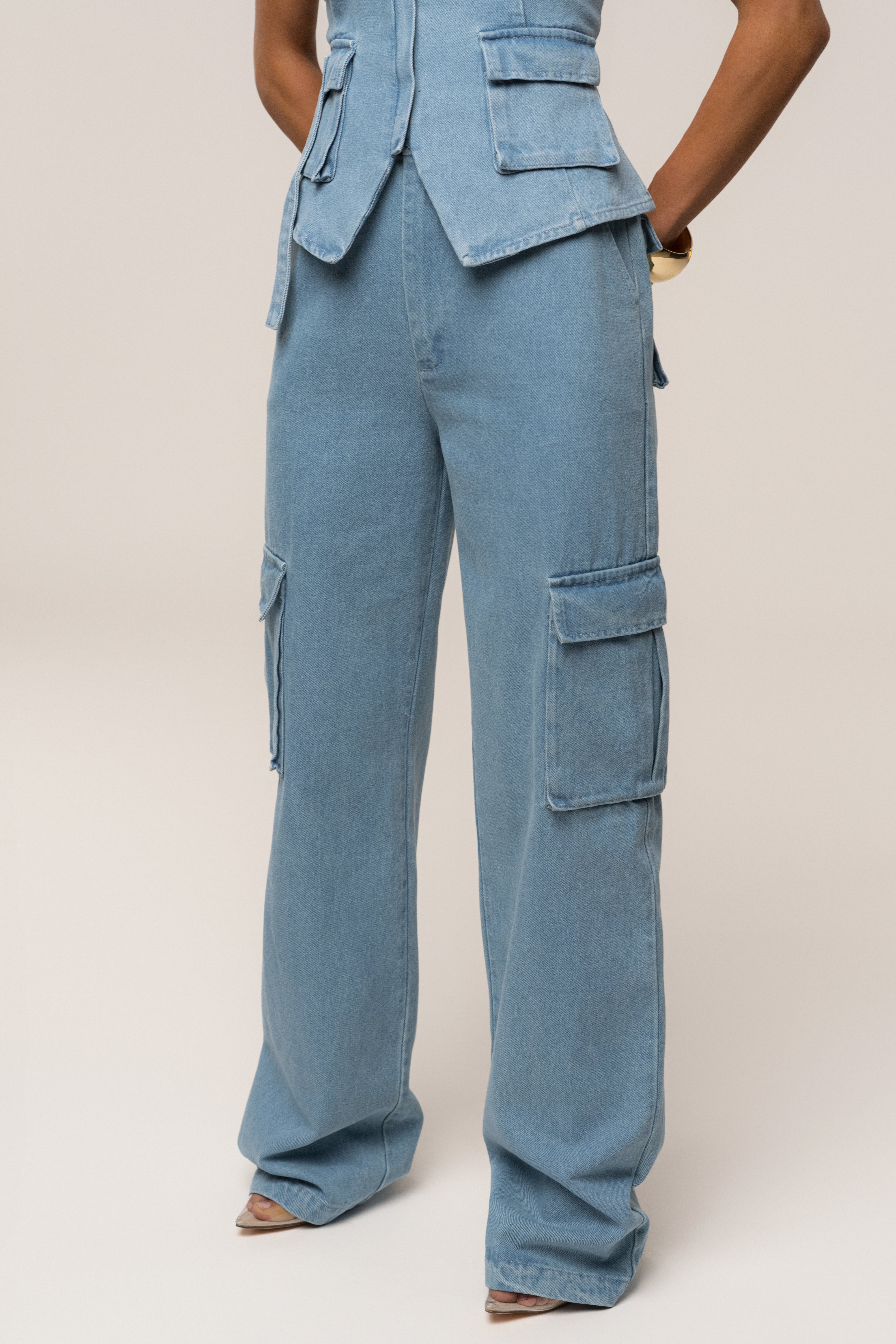 Medium Wash Denim Utility Cargo Pants - JLUXLABEL
