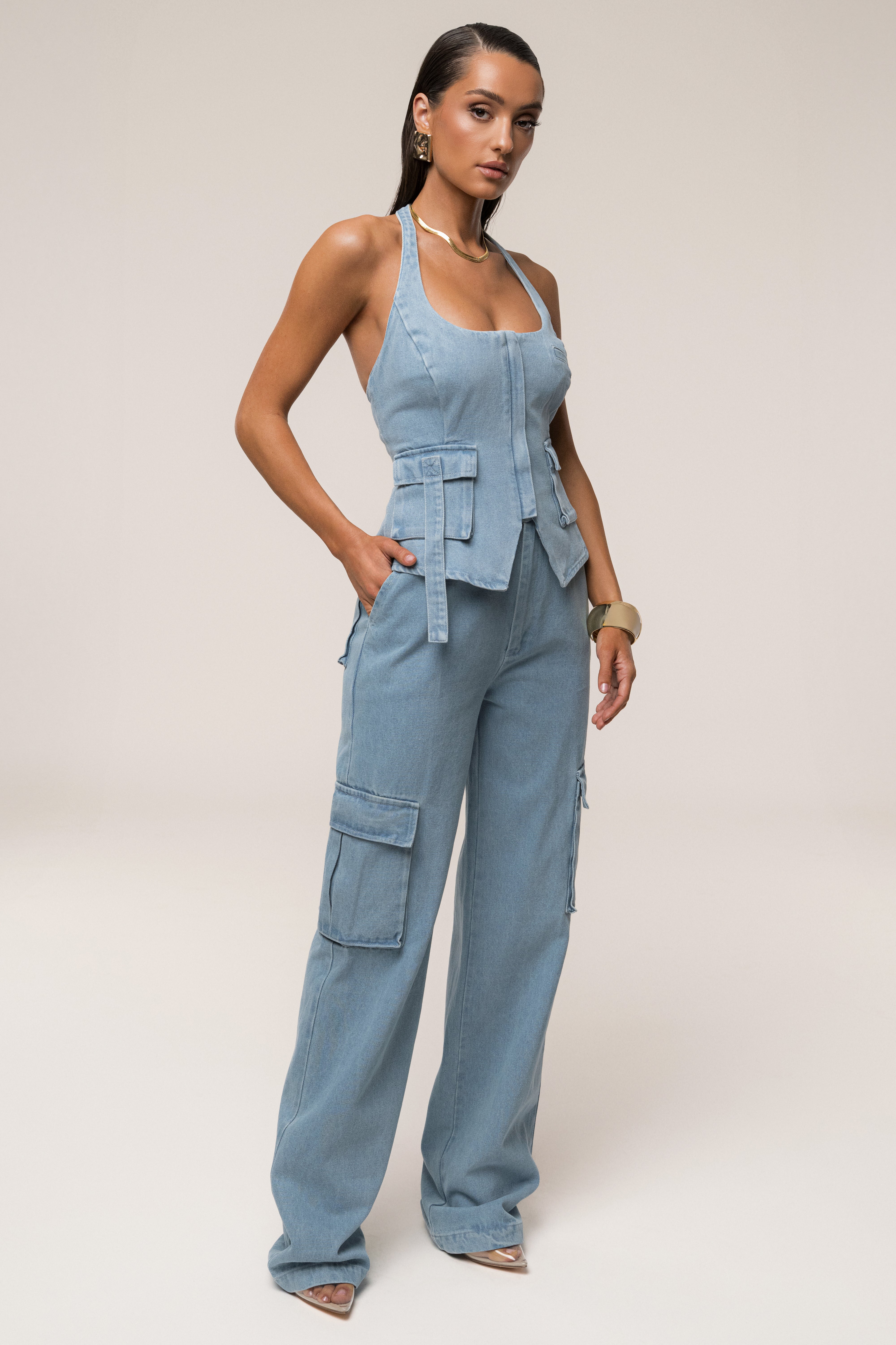 Medium Wash Denim Utility Cargo Pants - JLUXLABEL