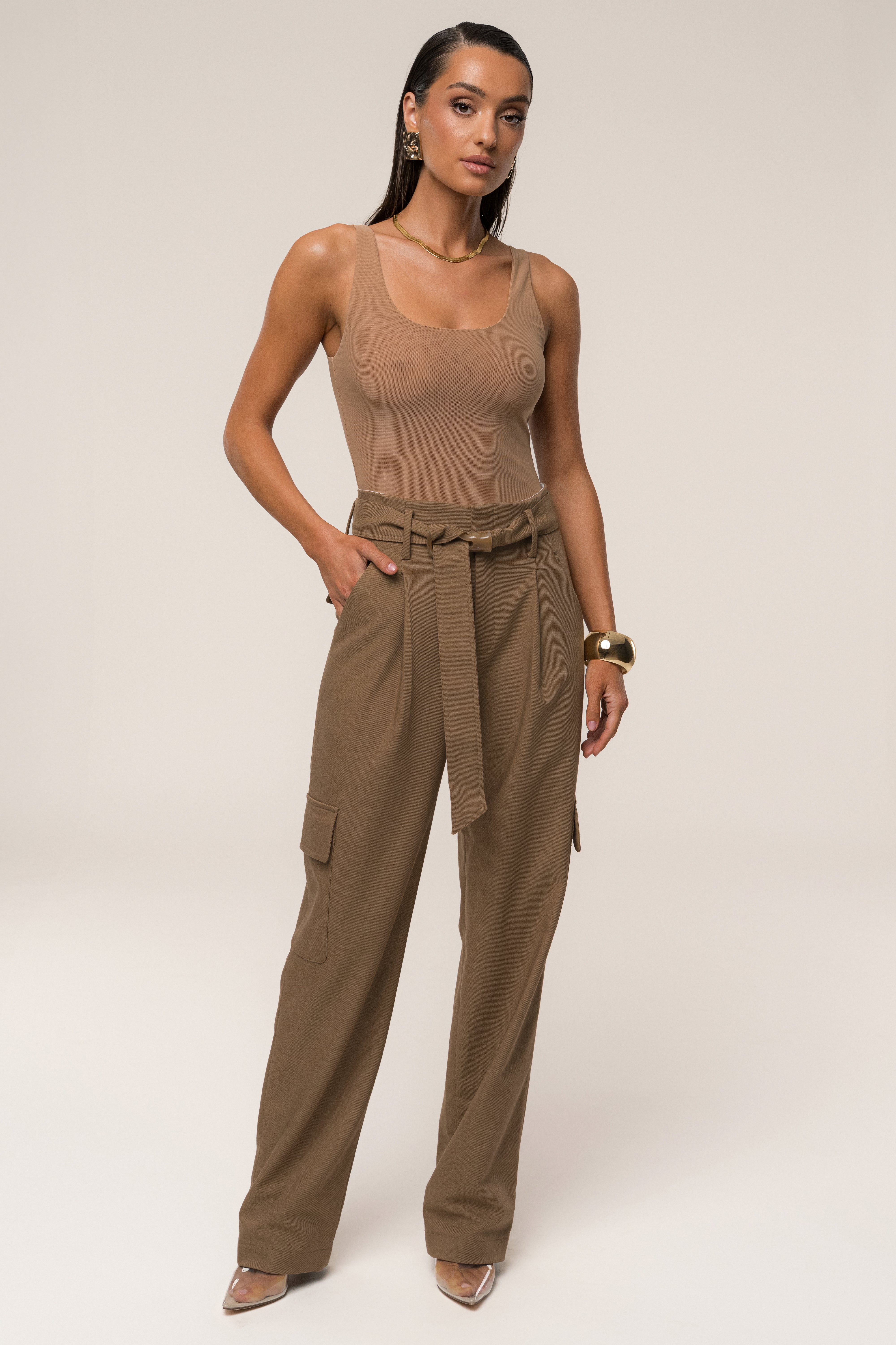Tan Alexis Belted Cargo Pants - JLUXLABEL