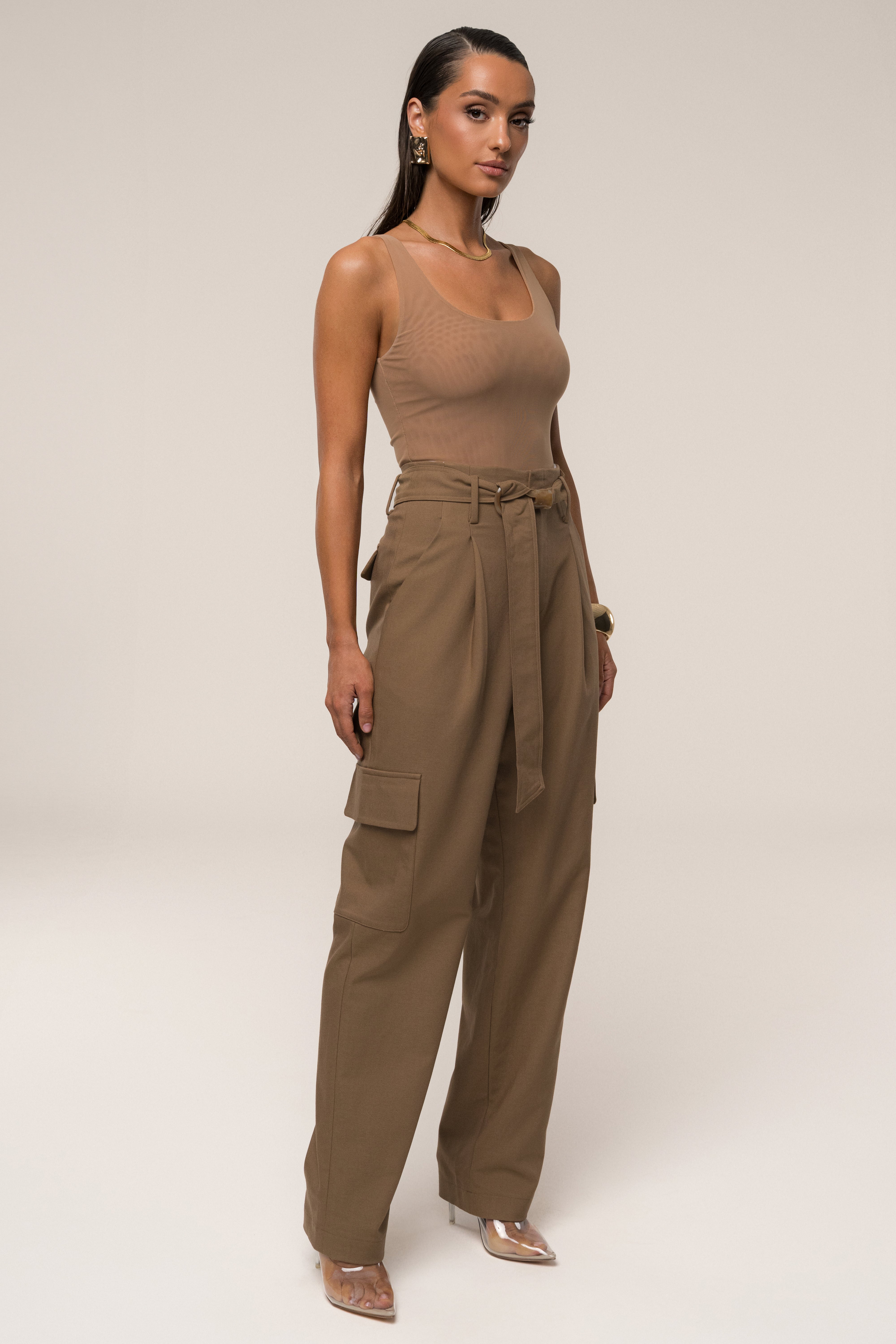Tan Alexis Belted Cargo Pants - JLUXLABEL
