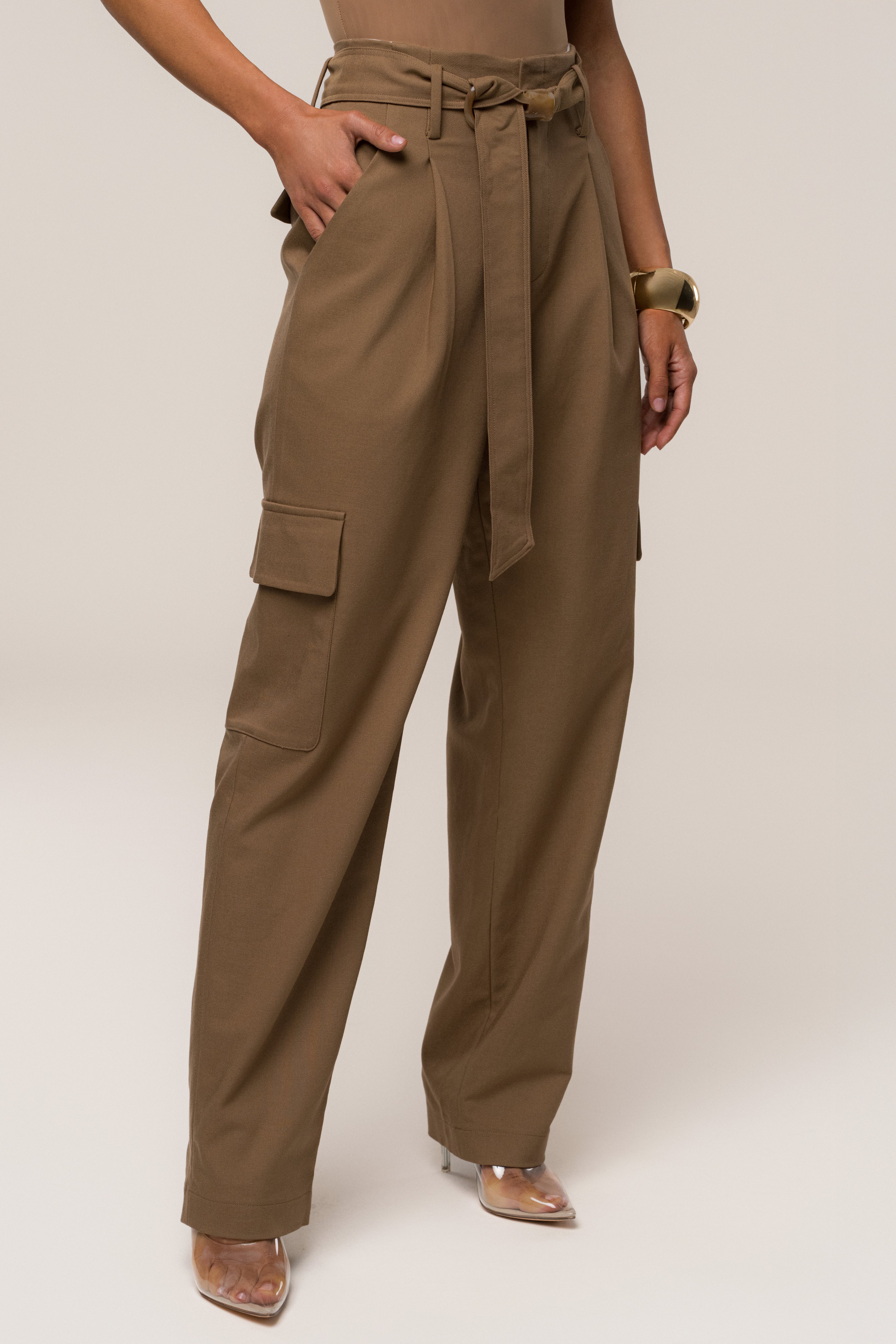 Tan Alexis Belted Cargo Pants - JLUXLABEL