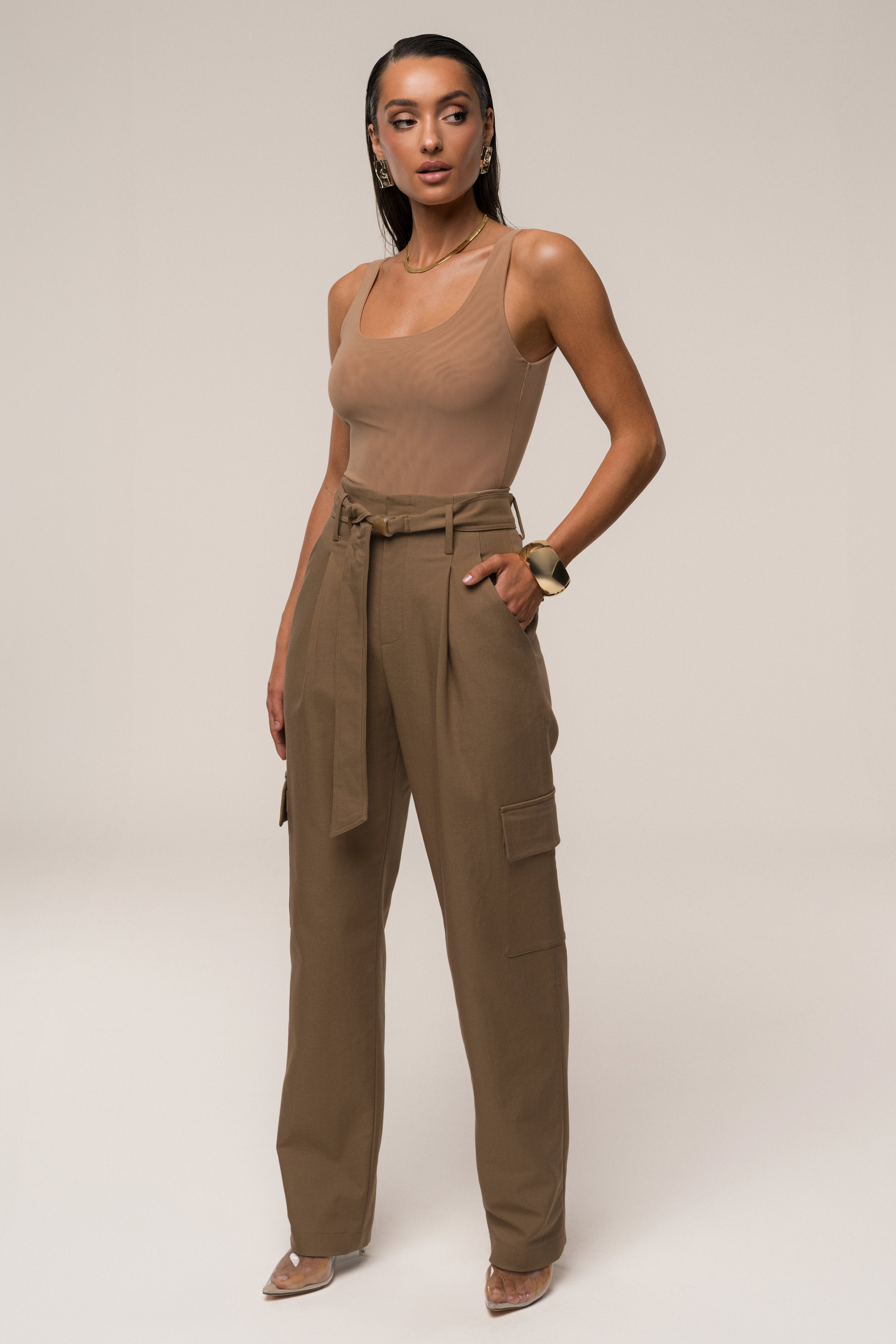Tan Alexis Belted Cargo Pants - JLUXLABEL