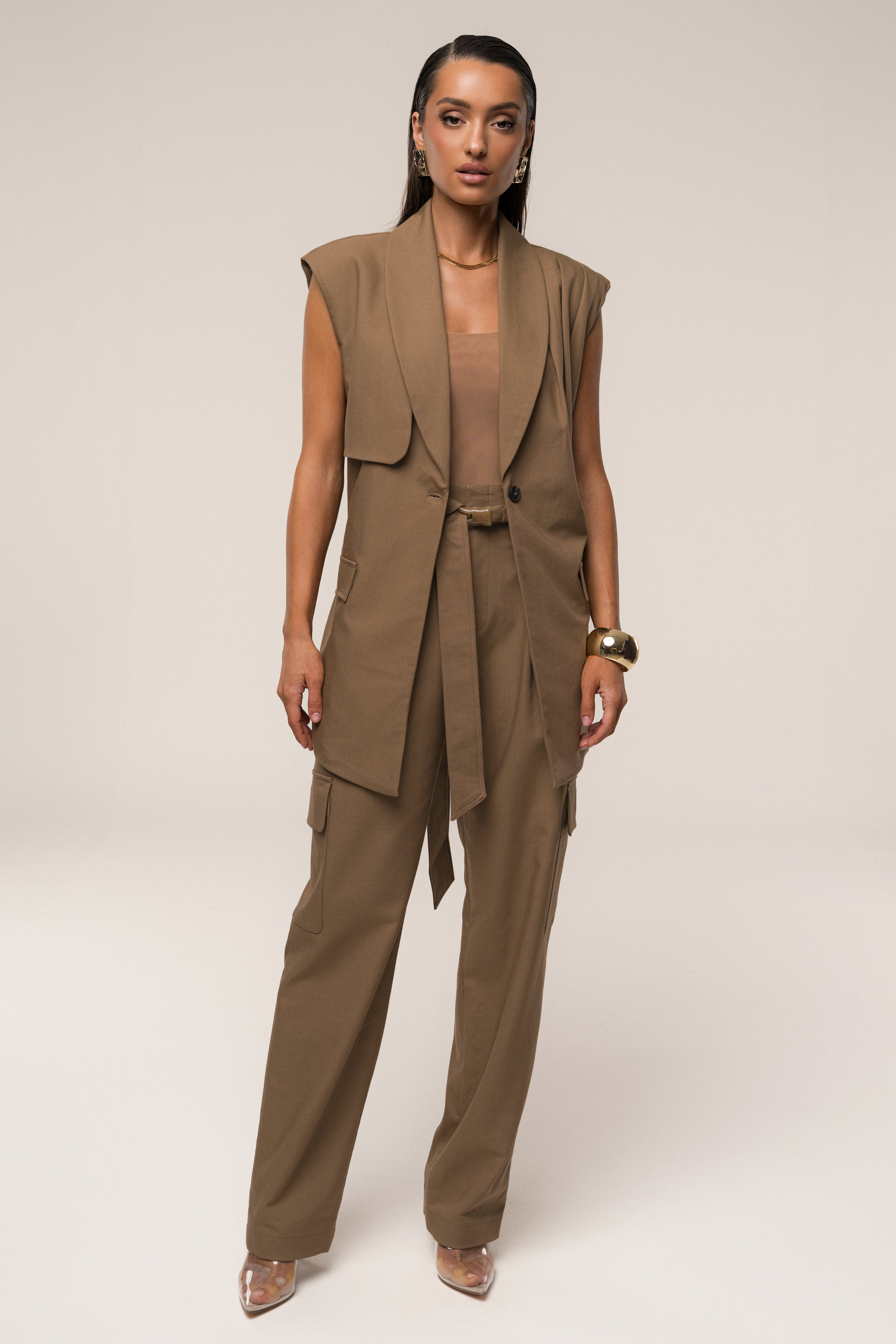 Tan Alexis Belted Cargo Pants - JLUXLABEL