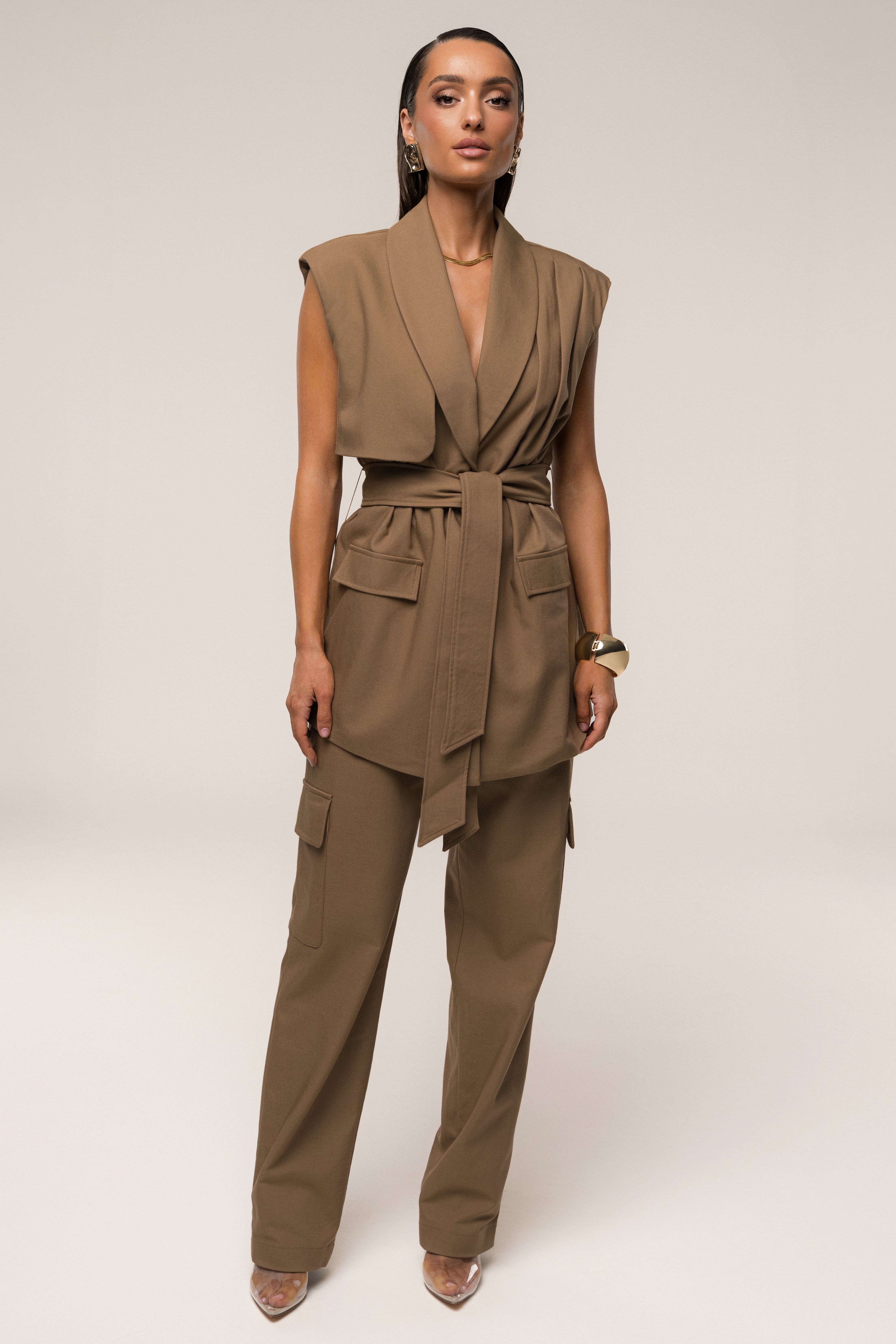 Tan Jeanie Belted Vest - JLUXLABEL