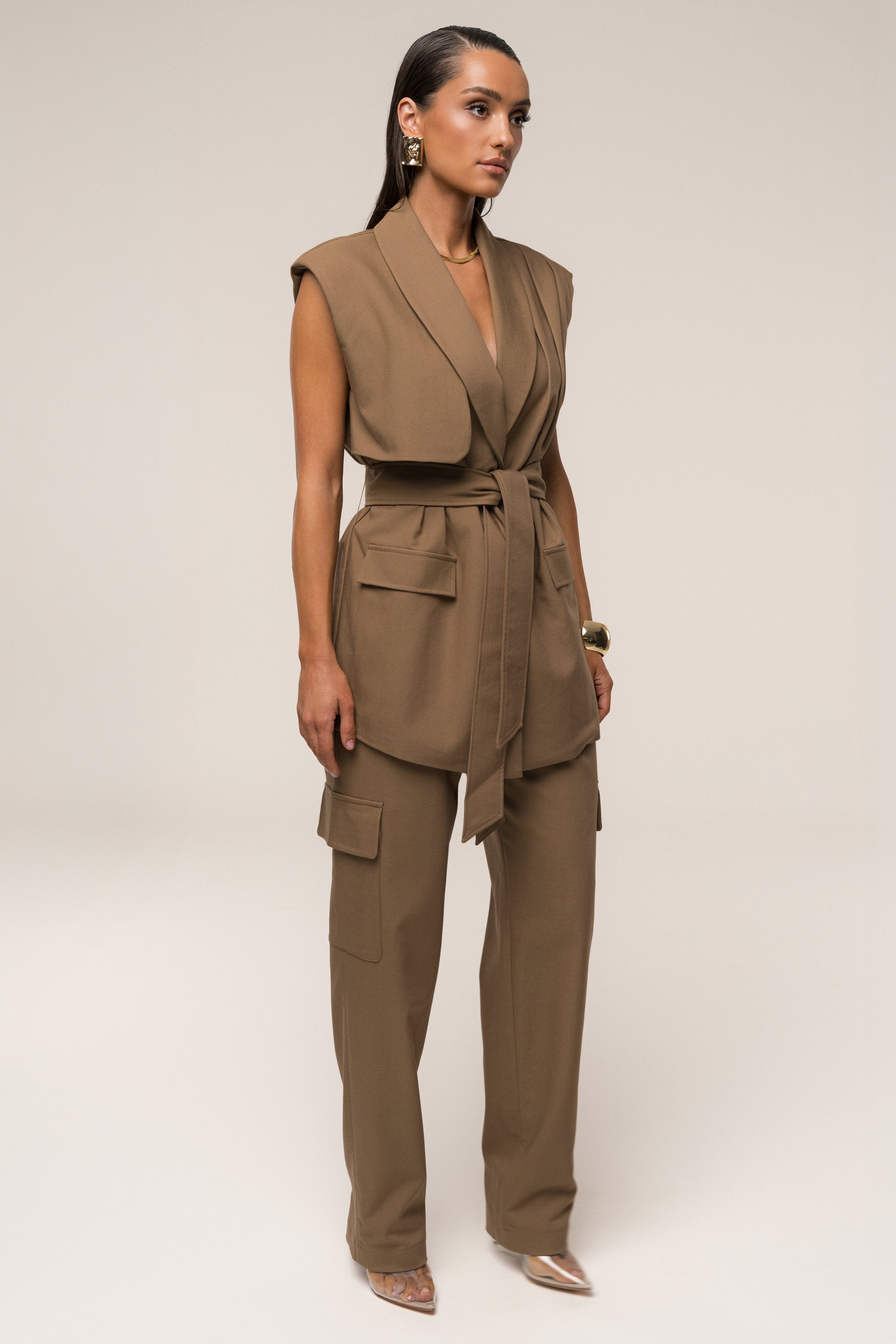 Tan Jeanie Belted Vest - JLUXLABEL