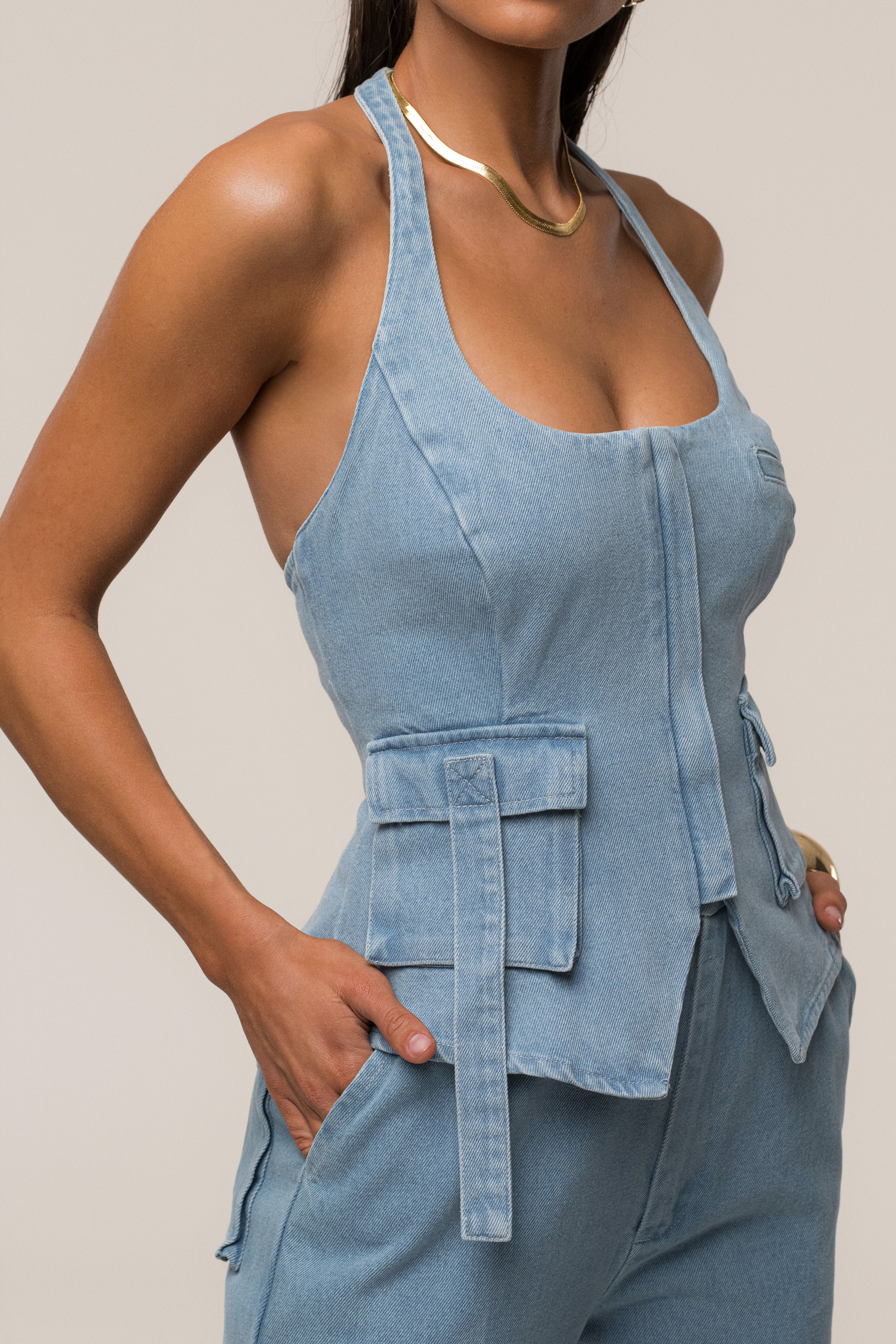 Medium Wash Josie Denim Halter Top - JLUXLABEL