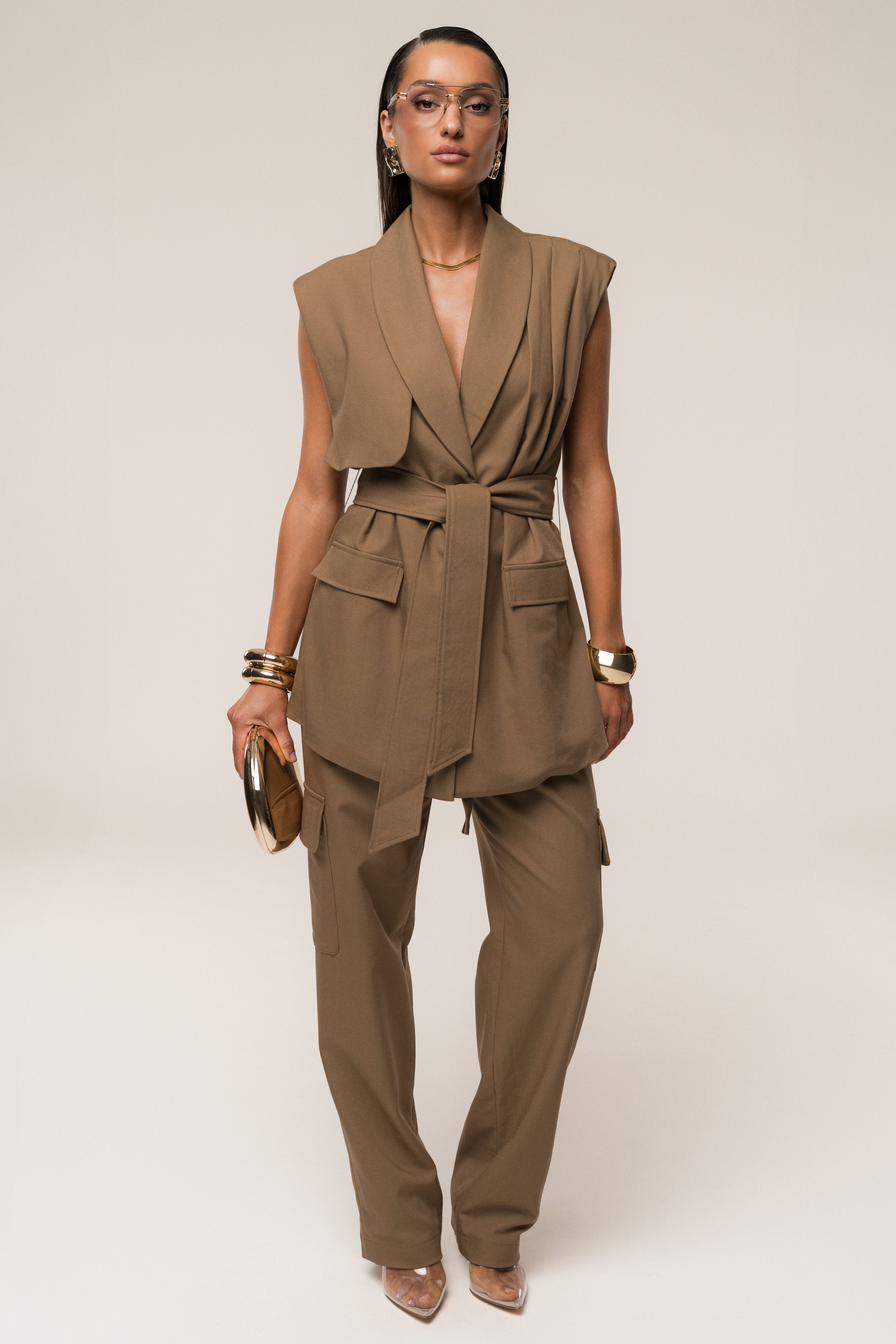 Tan Jeanie Belted Vest - JLUXLABEL