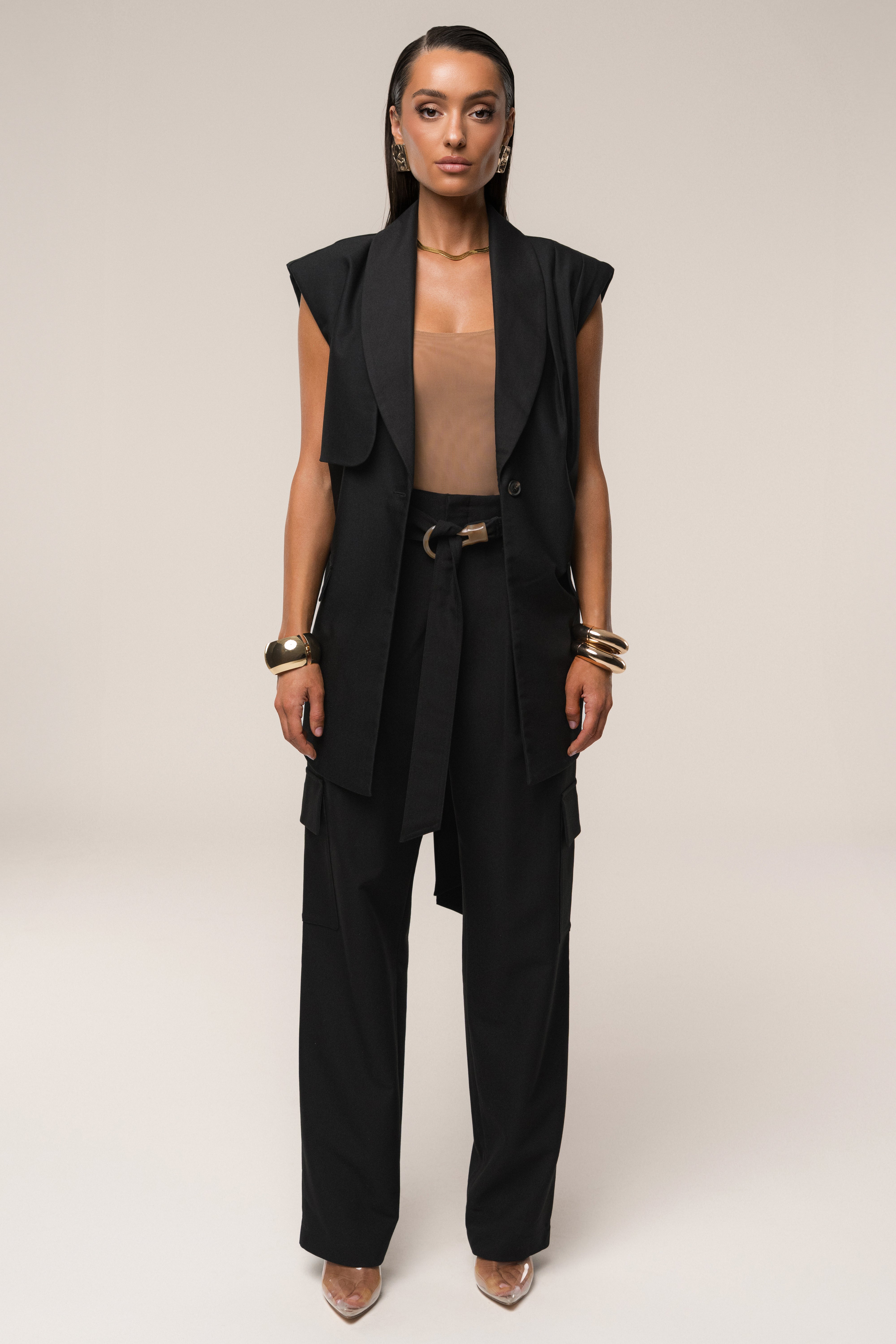 Black Alexis Belted Cargo Pants - JLUXLABEL