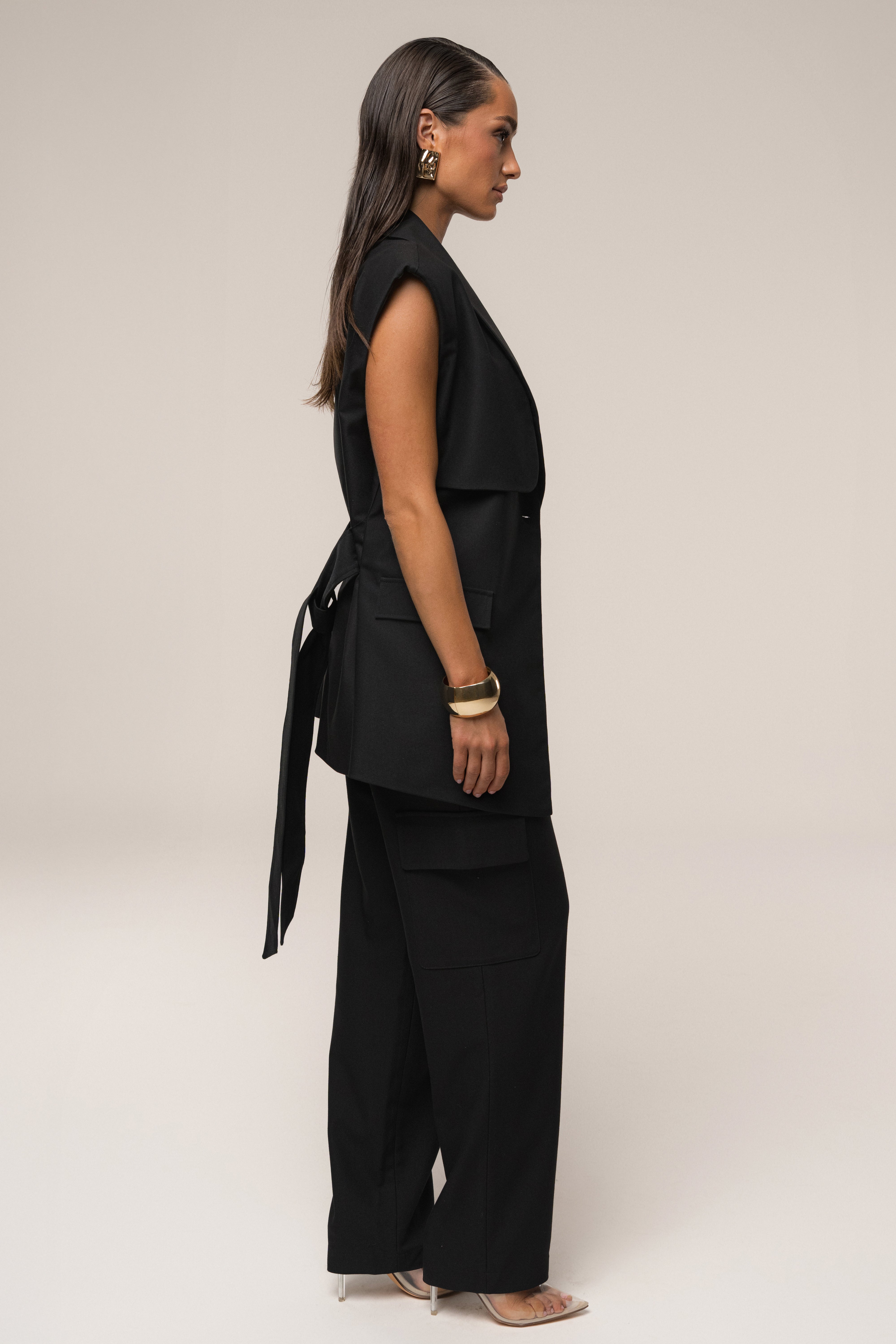 Black Jeanie Belted Vest - JLUXLABEL