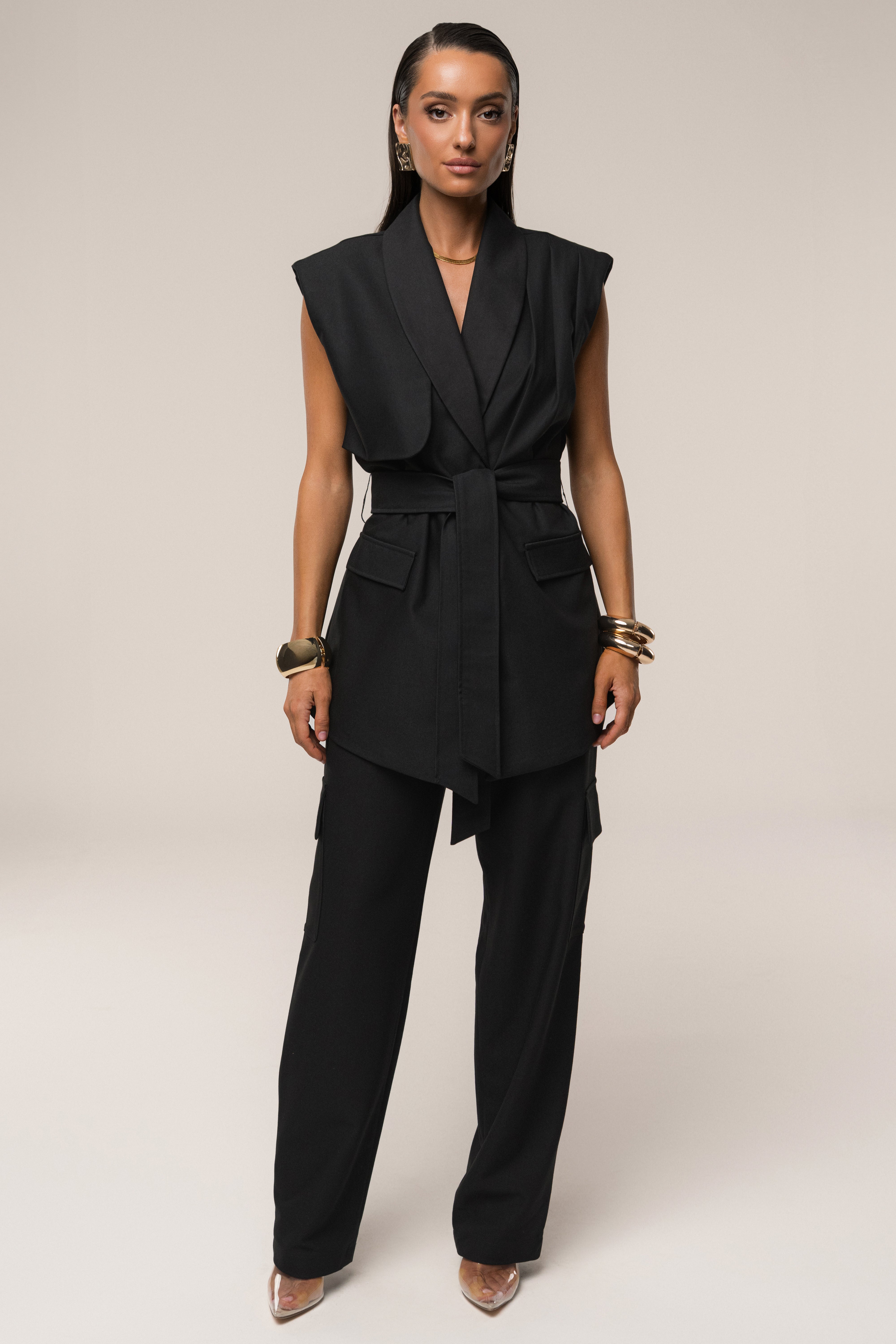 Black Jeanie Belted Vest - JLUXLABEL